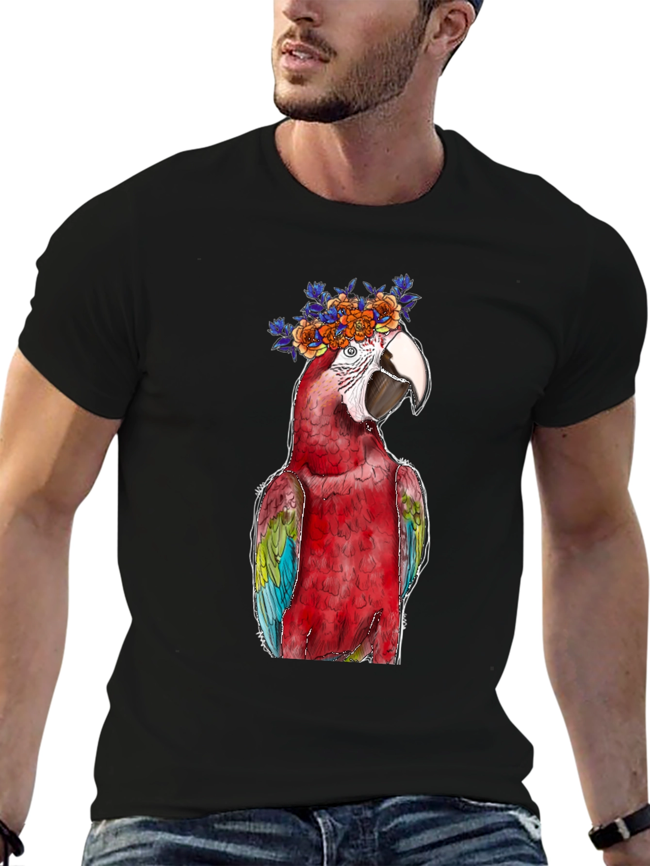 Parrot Flower Crown Graphic Tee - Mens Black T-Shirt