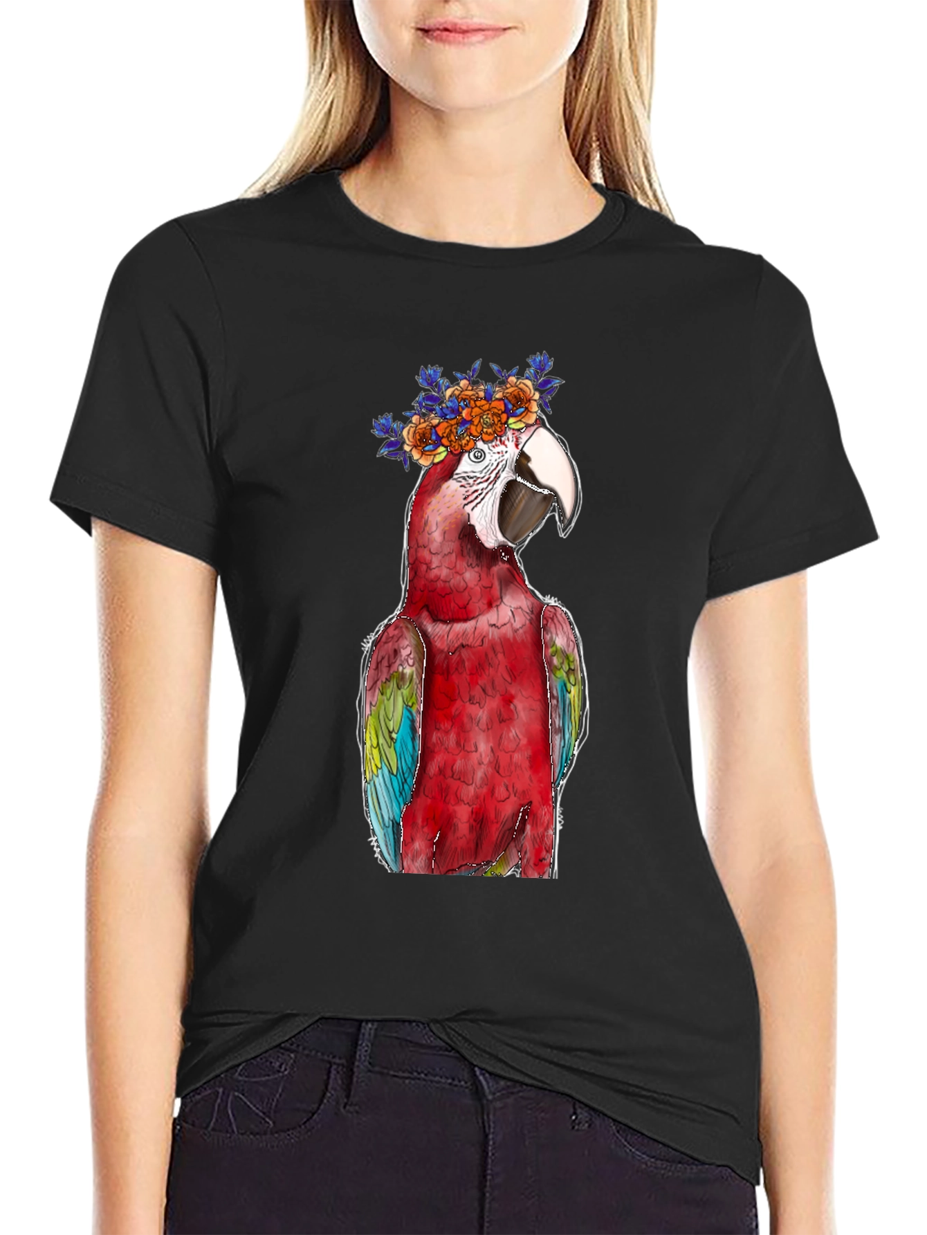 Parrot Flower Crown Graphic Tee - Mens Black T-Shirt