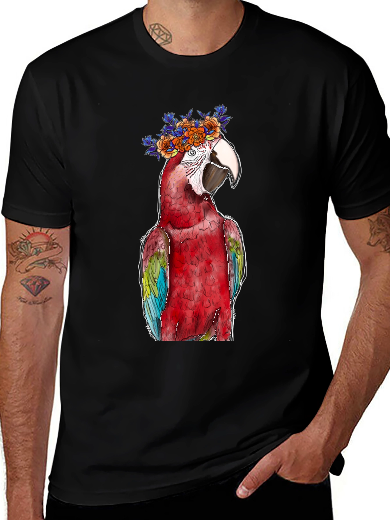 Parrot Flower Crown Graphic Tee - Mens Black T-Shirt