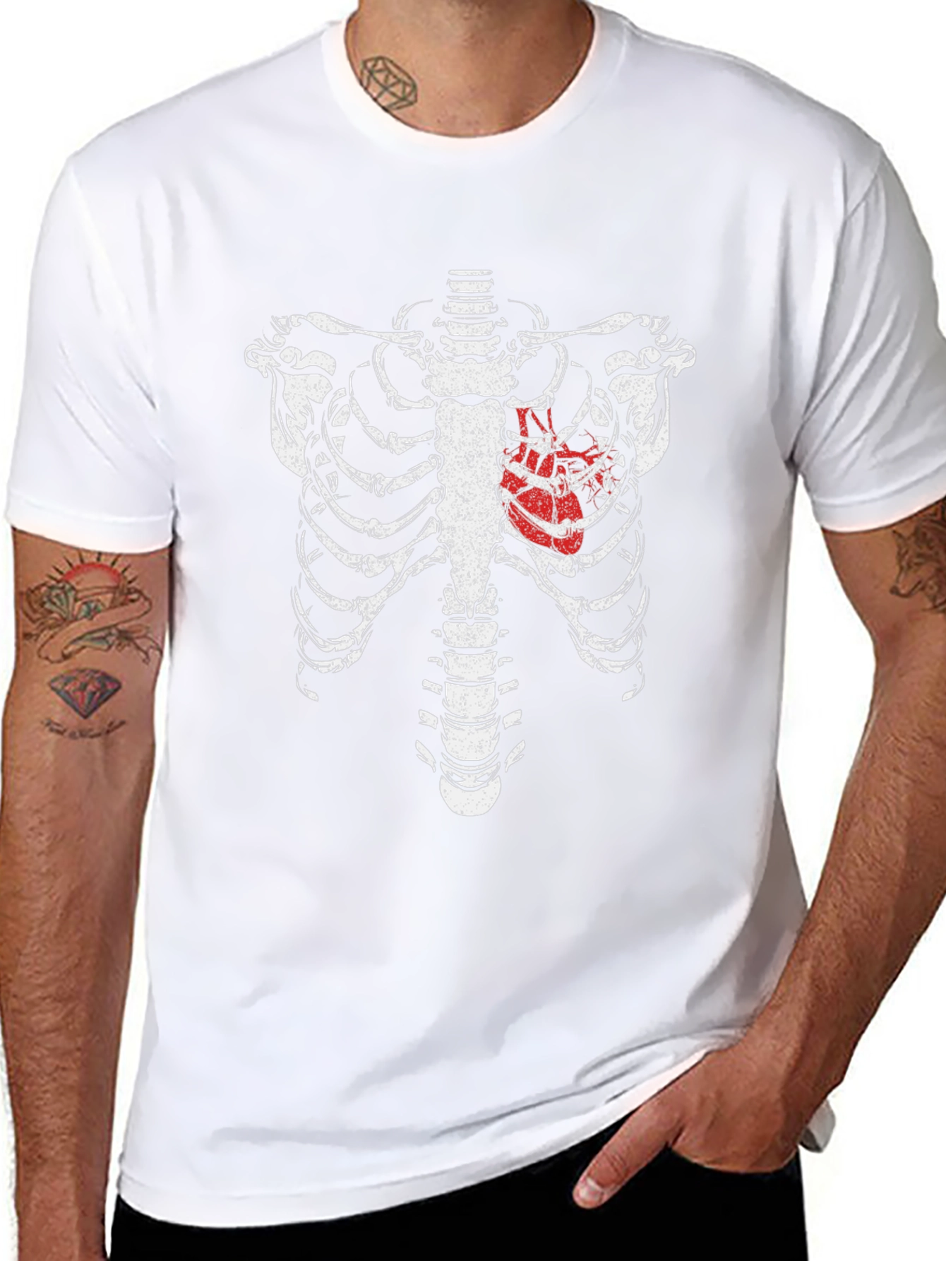 Skeleton Rib Cage Heart Graphic T-Shirt - Black