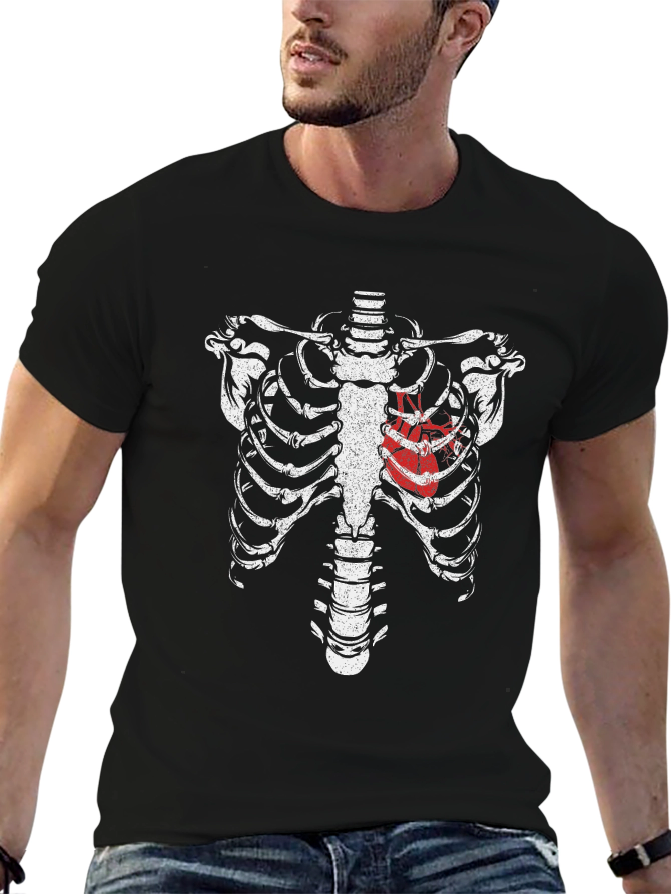 Skeleton Rib Cage Heart Graphic T-Shirt - Black