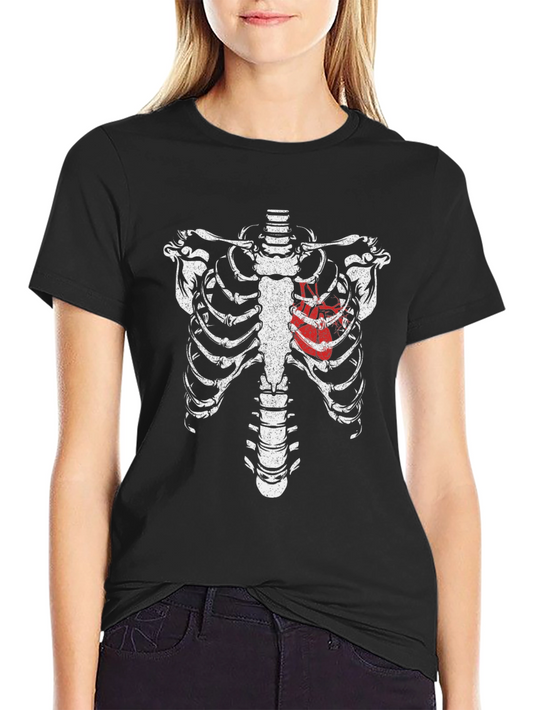 Skeleton Rib Cage Heart Graphic T-Shirt - Black