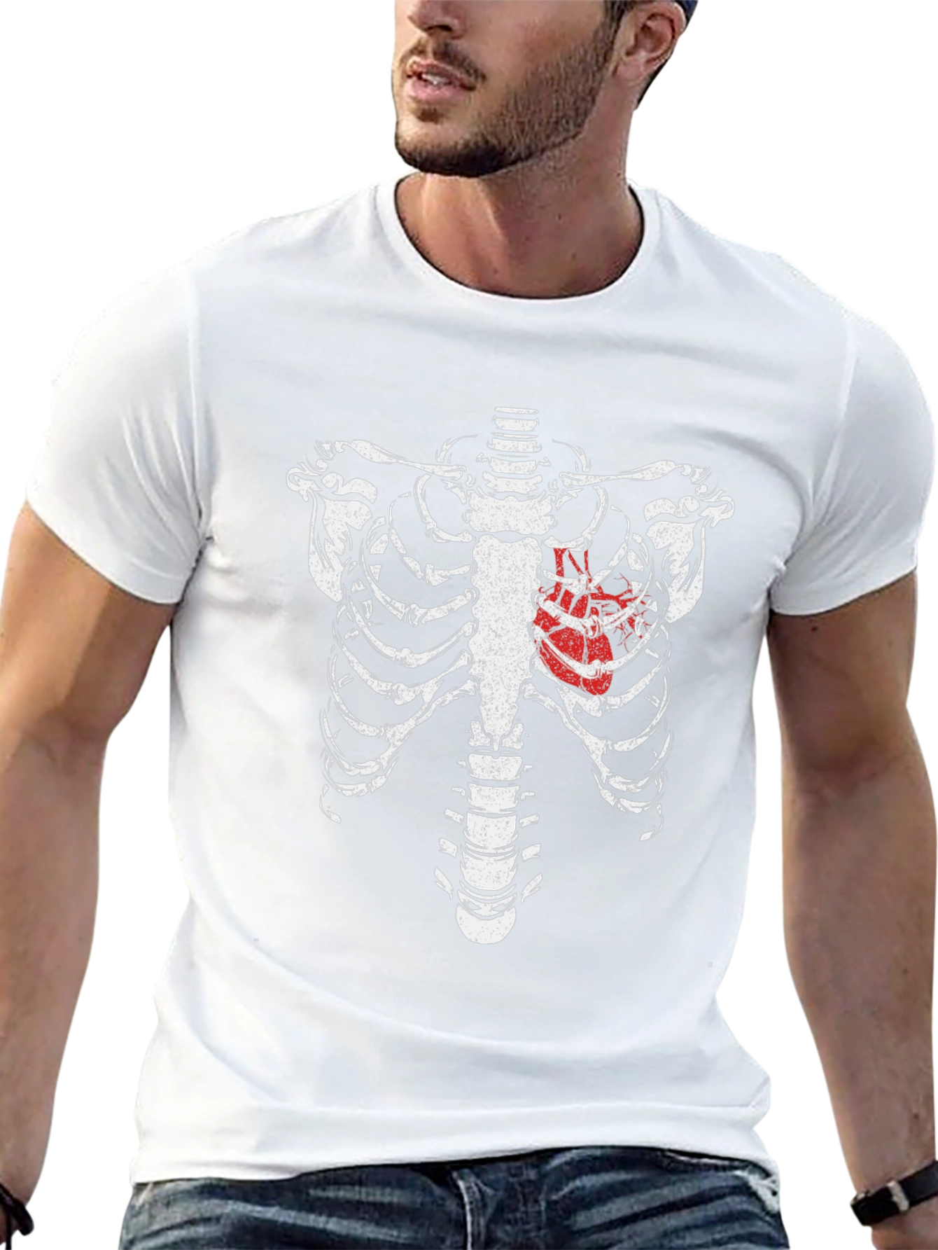 Skeleton Rib Cage Heart Graphic T-Shirt - Black
