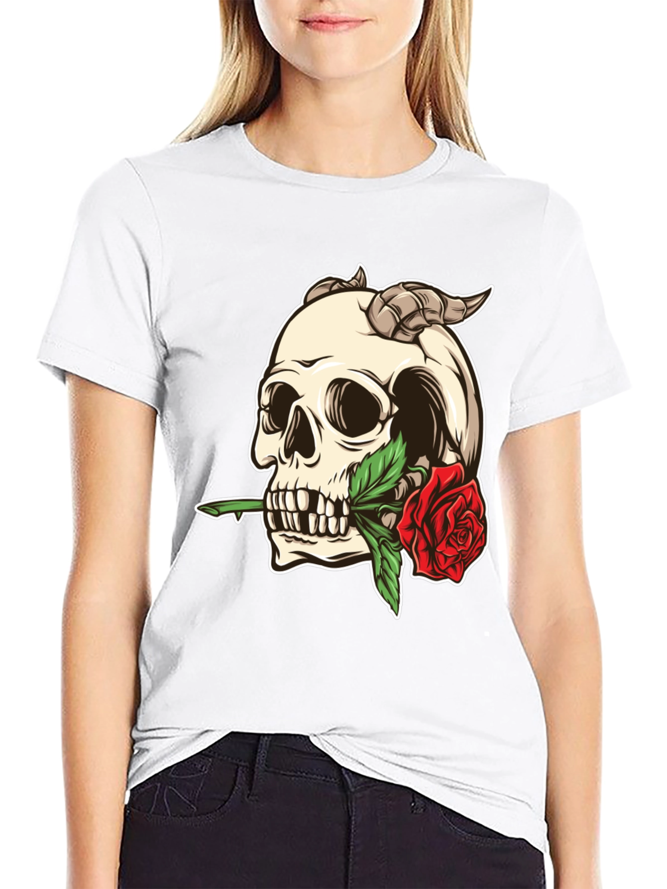 Skull and Rose Graphic Tee - Black