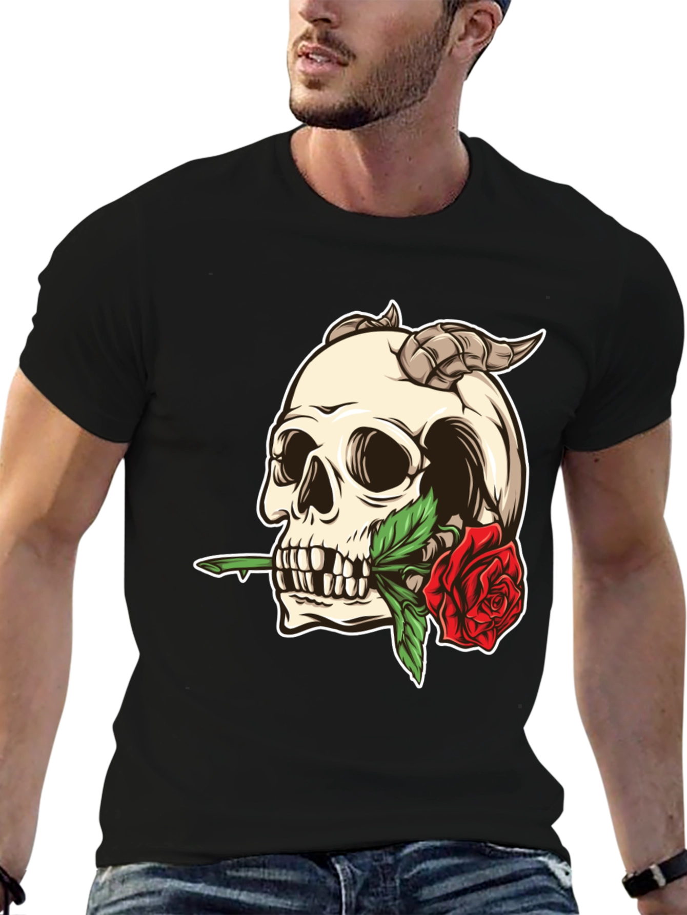 Skull and Rose Graphic Tee - Black