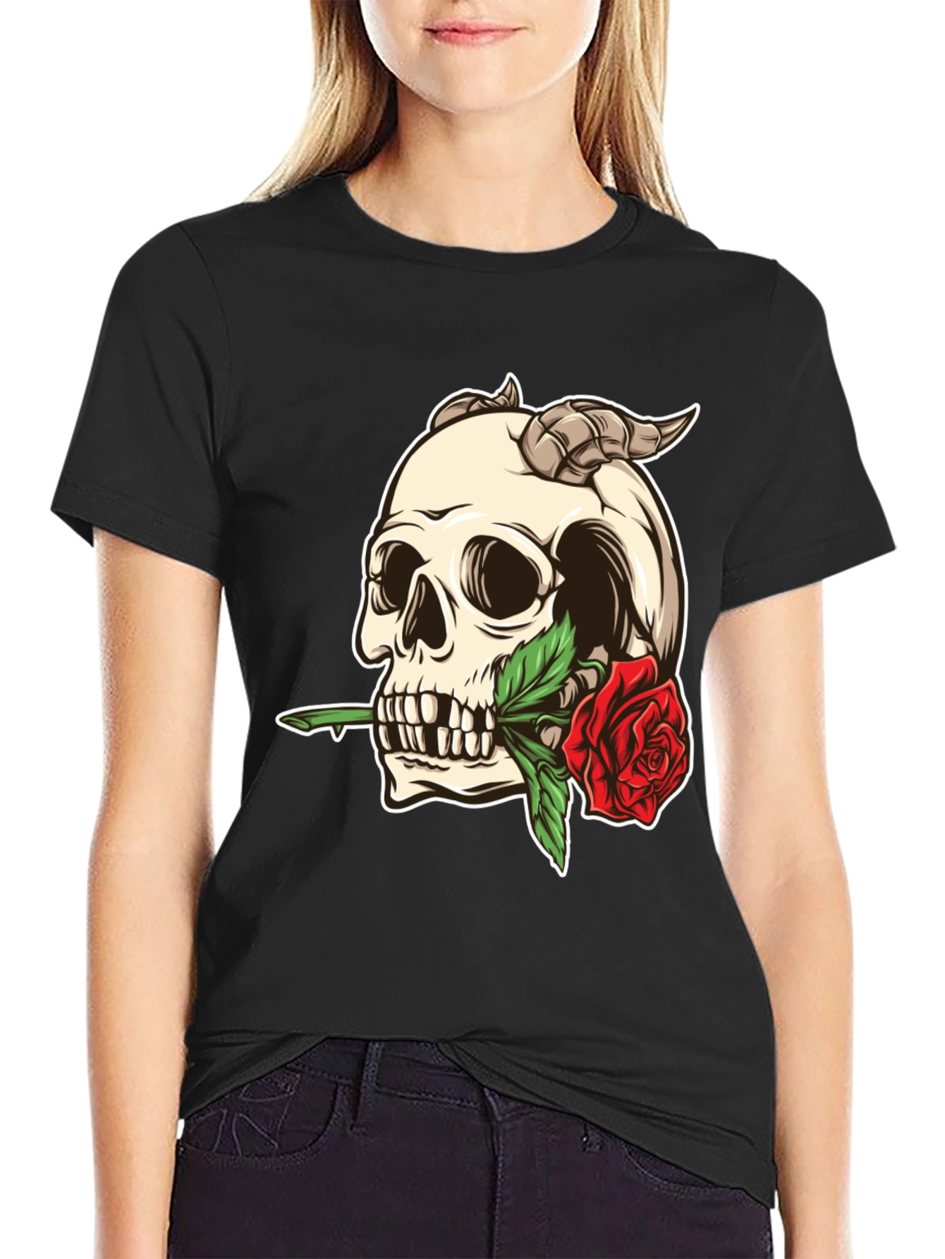 Skull and Rose Graphic Tee - Black
