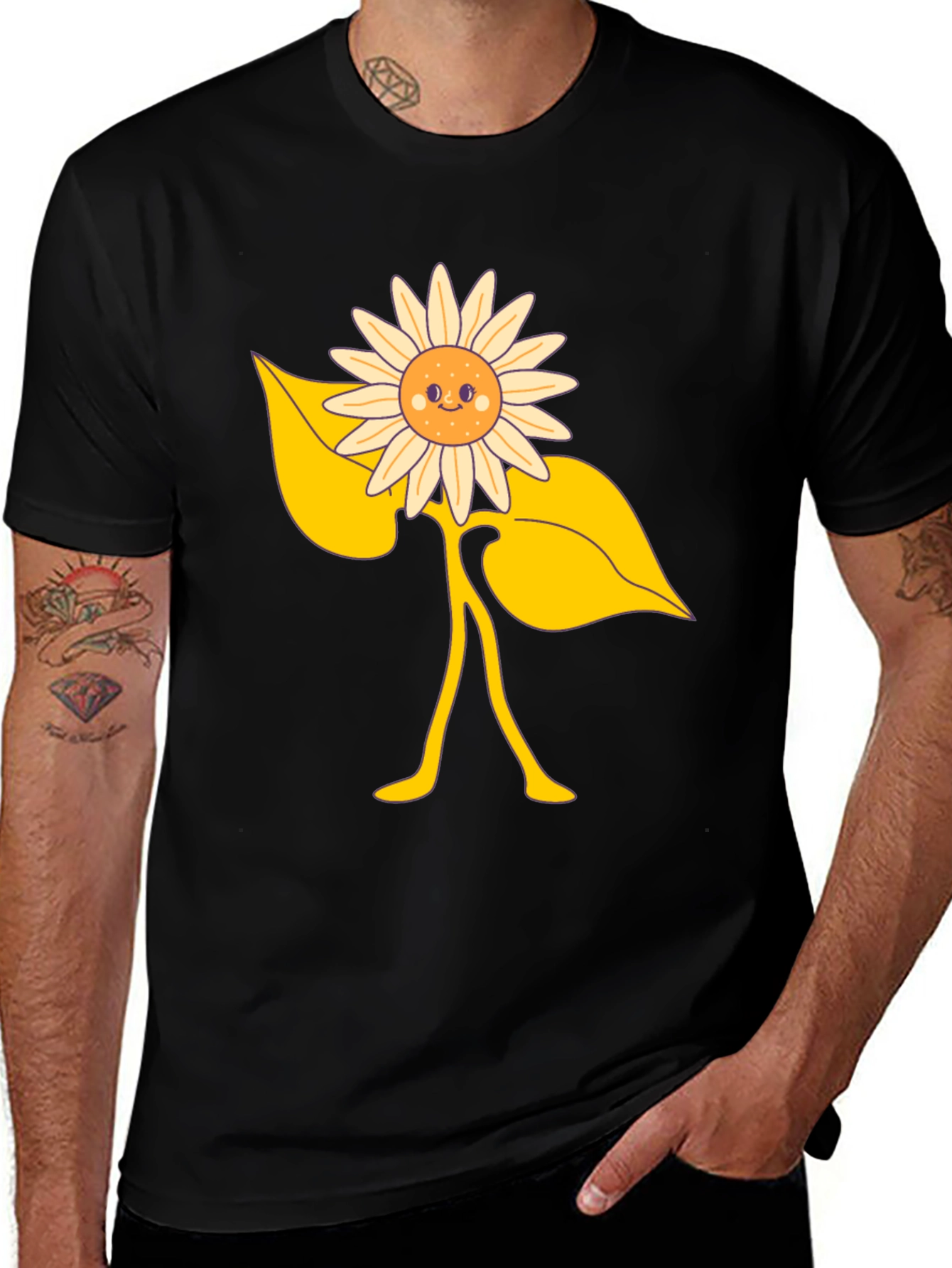 Happy Sunflower Graphic Tee - Black Cotton Blend
