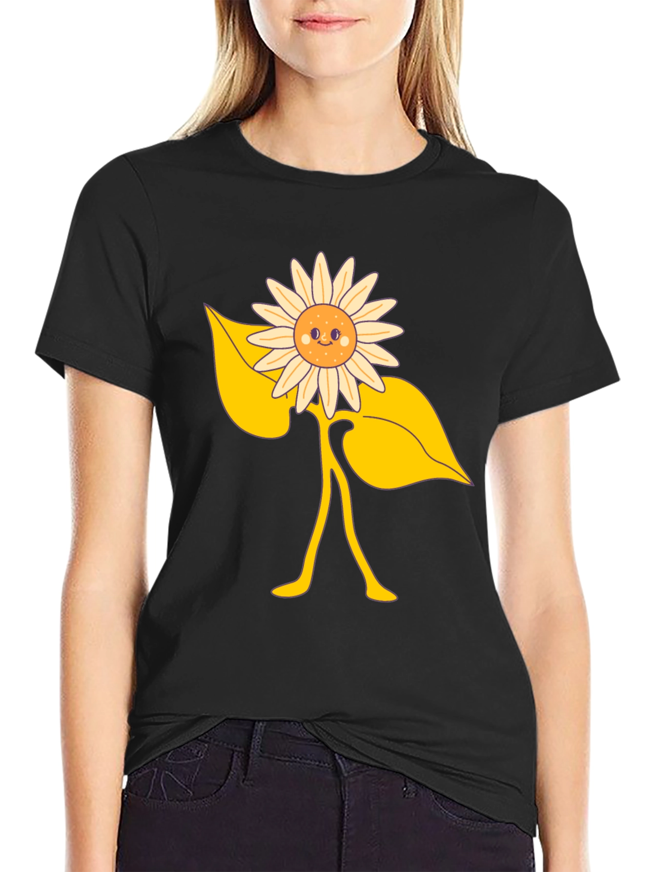 Happy Sunflower Graphic Tee - Black Cotton Blend