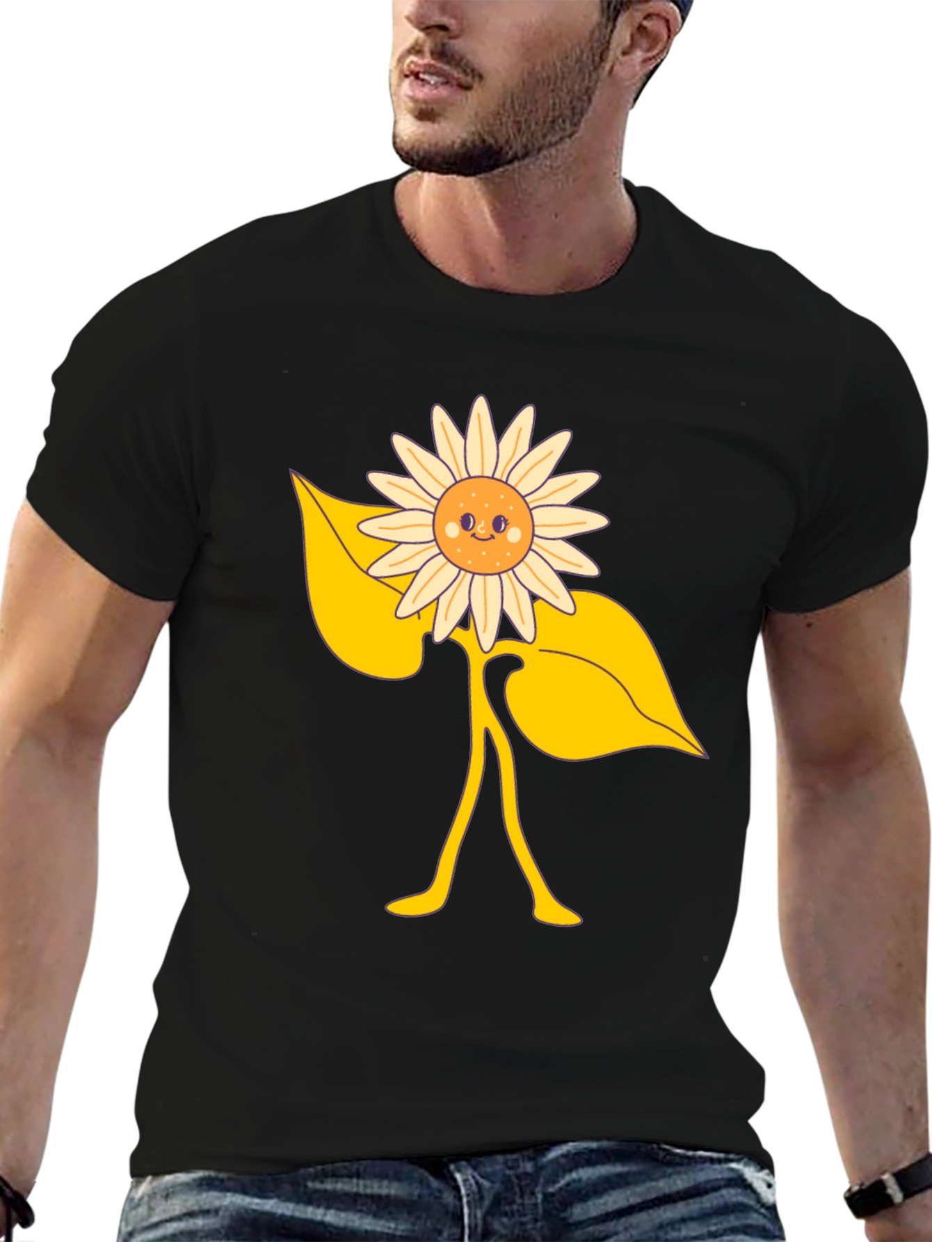 Happy Sunflower Graphic Tee - Black Cotton Blend