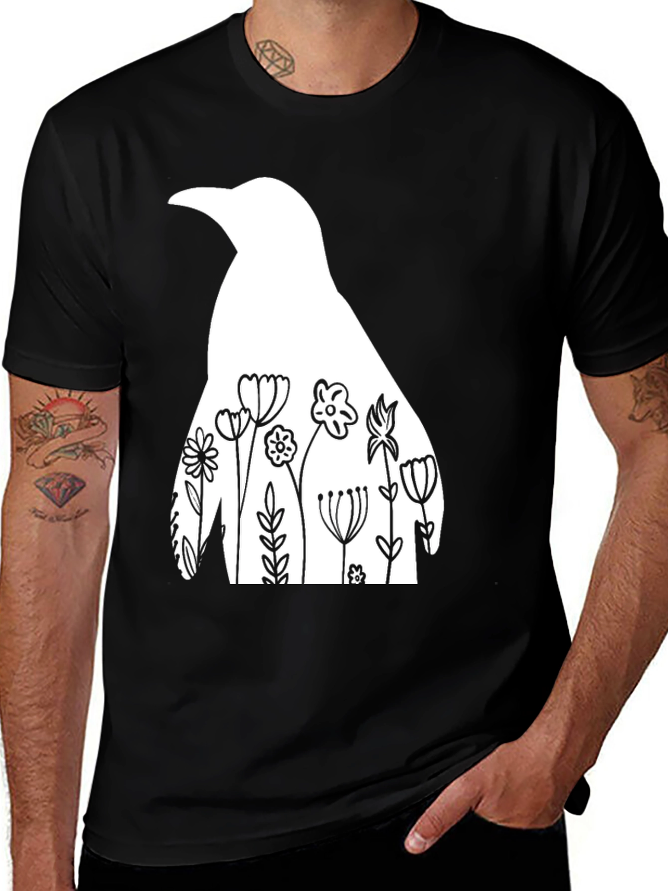 Floral Penguin Graphic Tee - Mens Black T-Shirt