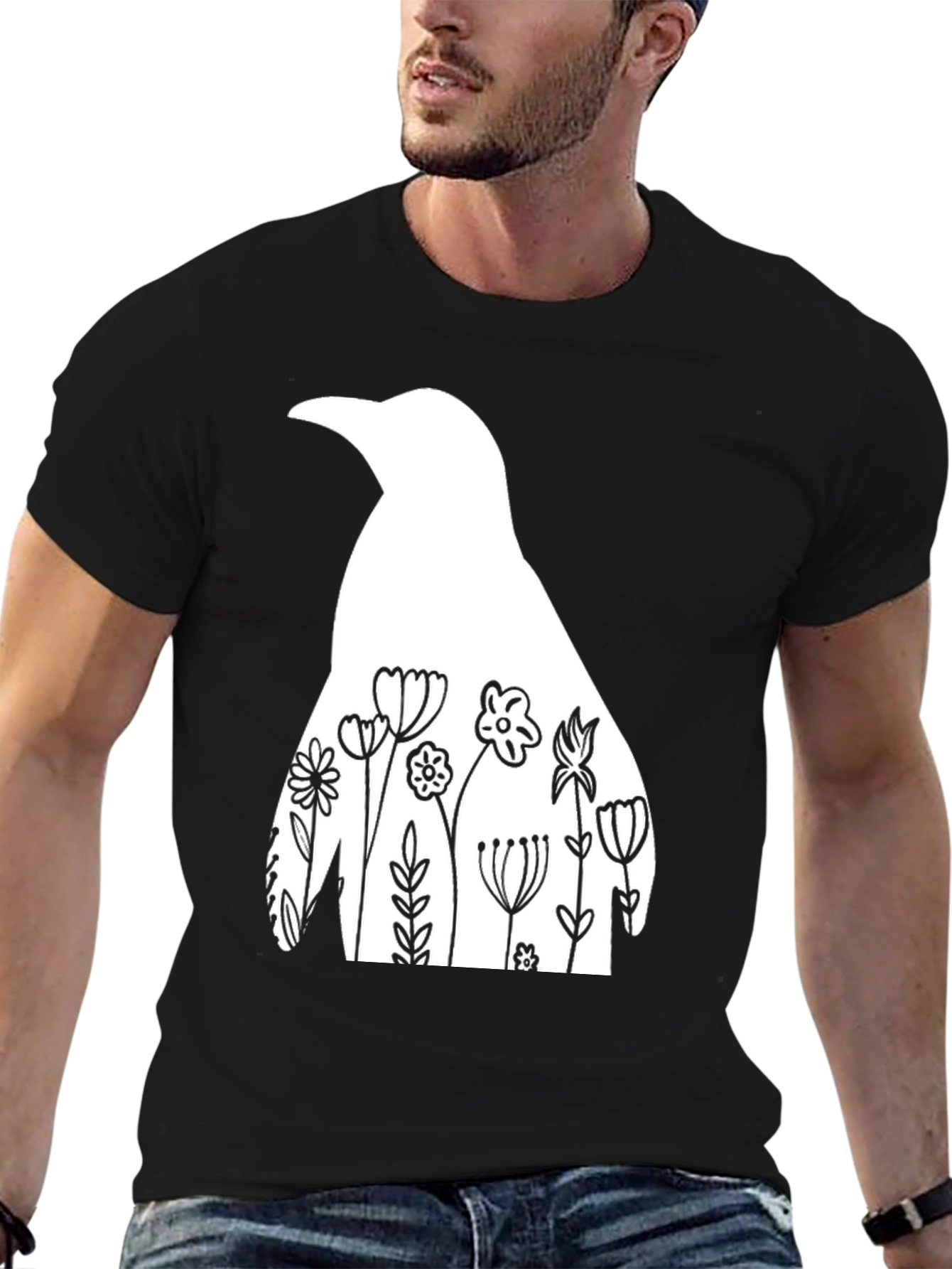 Floral Penguin Graphic Tee - Mens Black T-Shirt