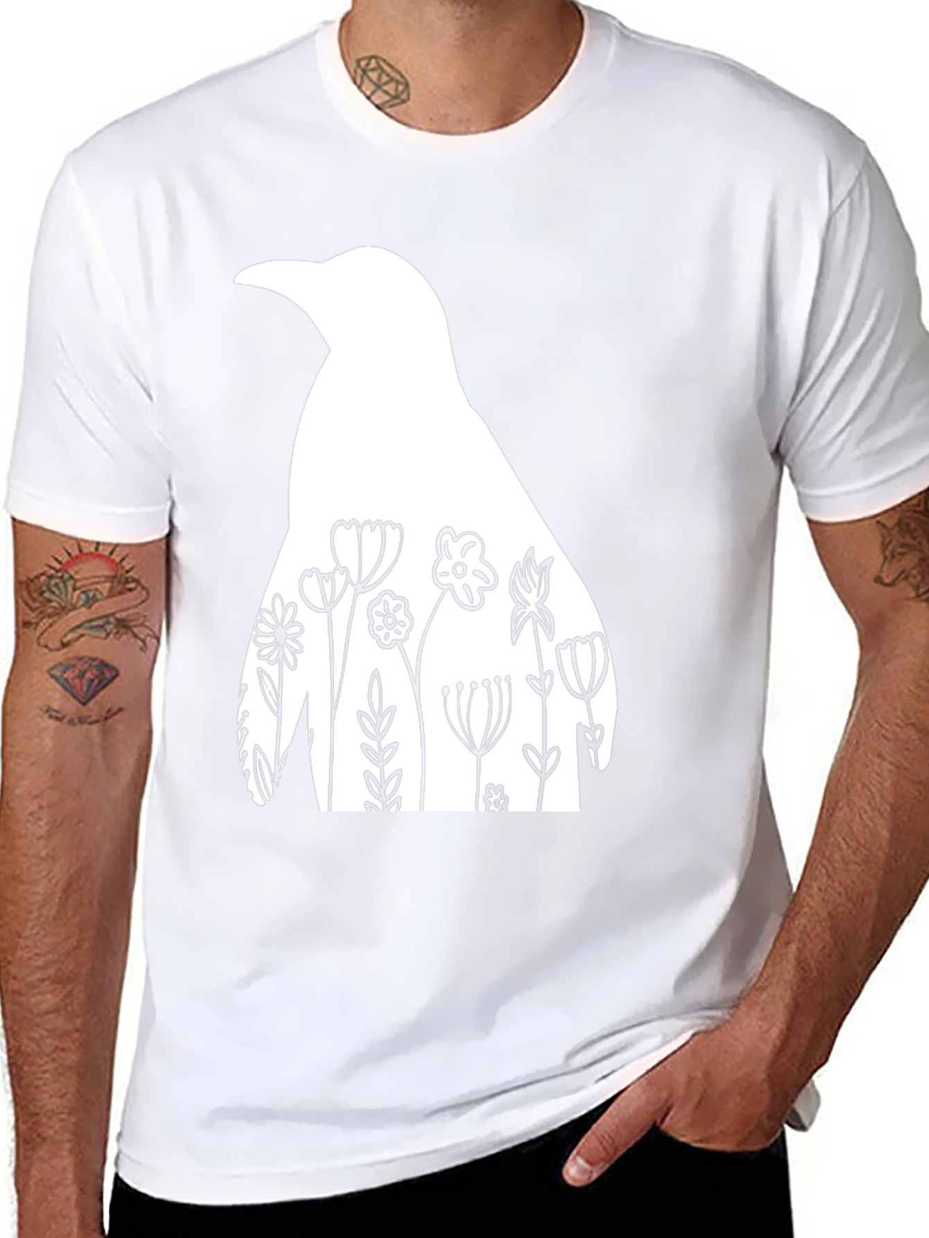 Floral Penguin Graphic Tee - Mens Black T-Shirt