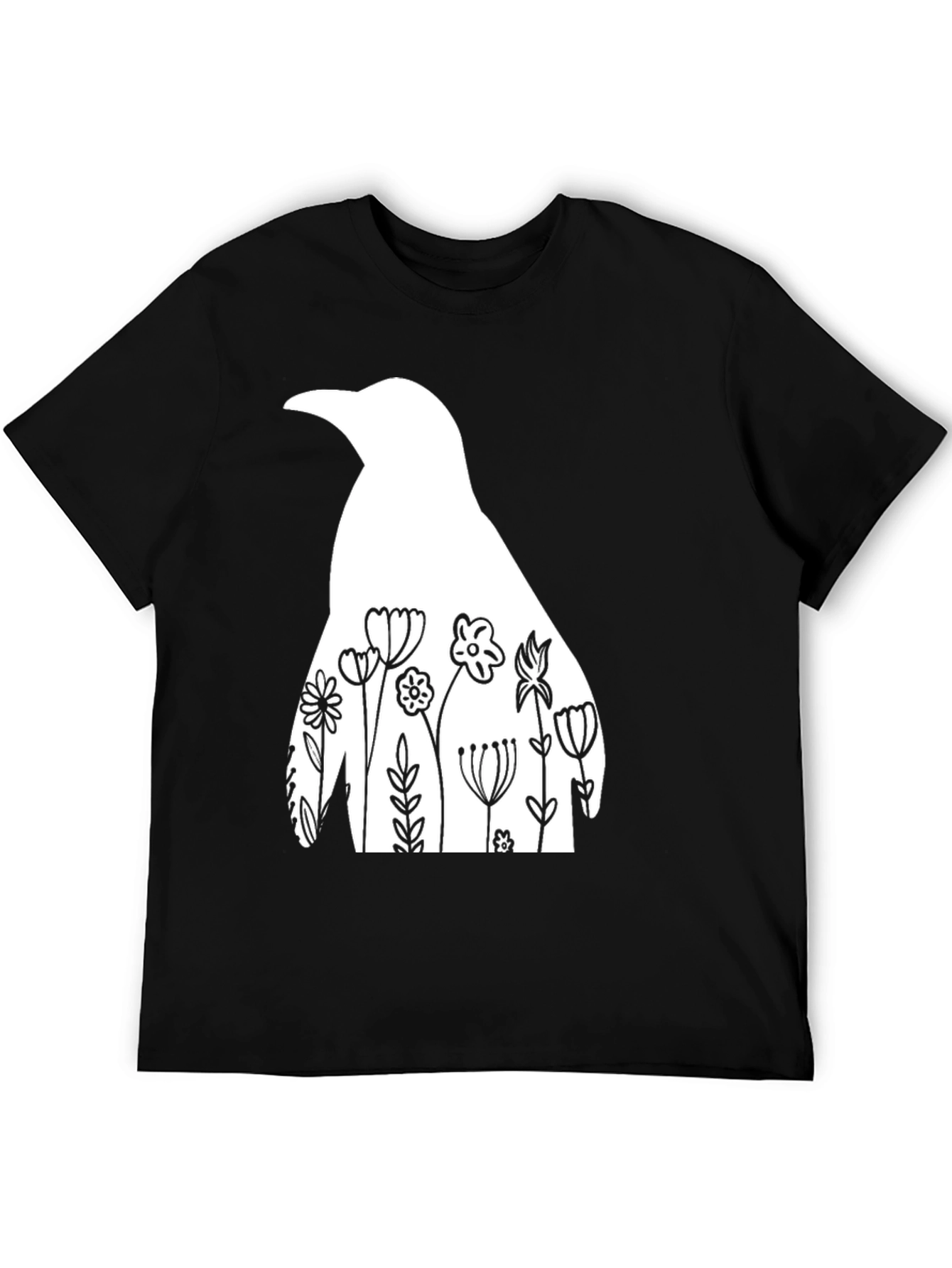 Floral Penguin Graphic Tee - Mens Black T-Shirt