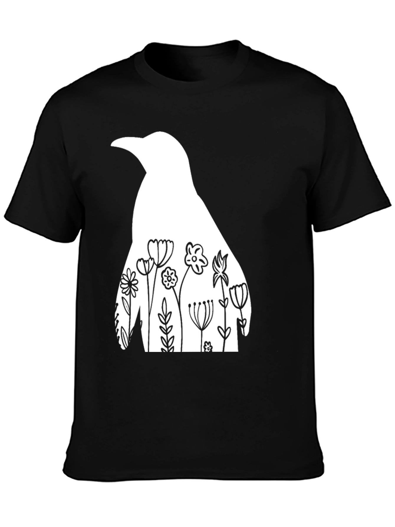 Floral Penguin Graphic Tee - Mens Black T-Shirt