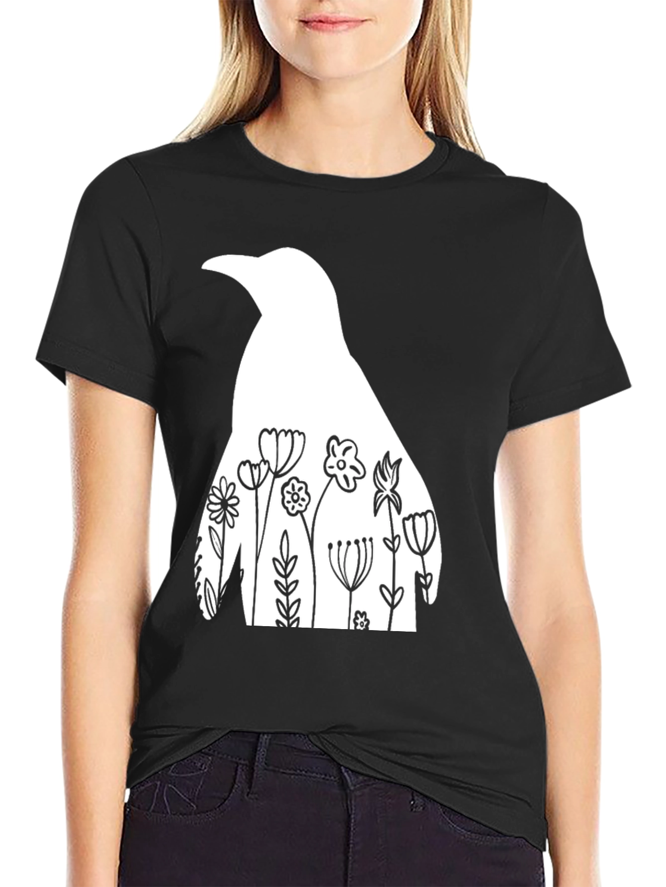 Floral Penguin Graphic Tee - Mens Black T-Shirt