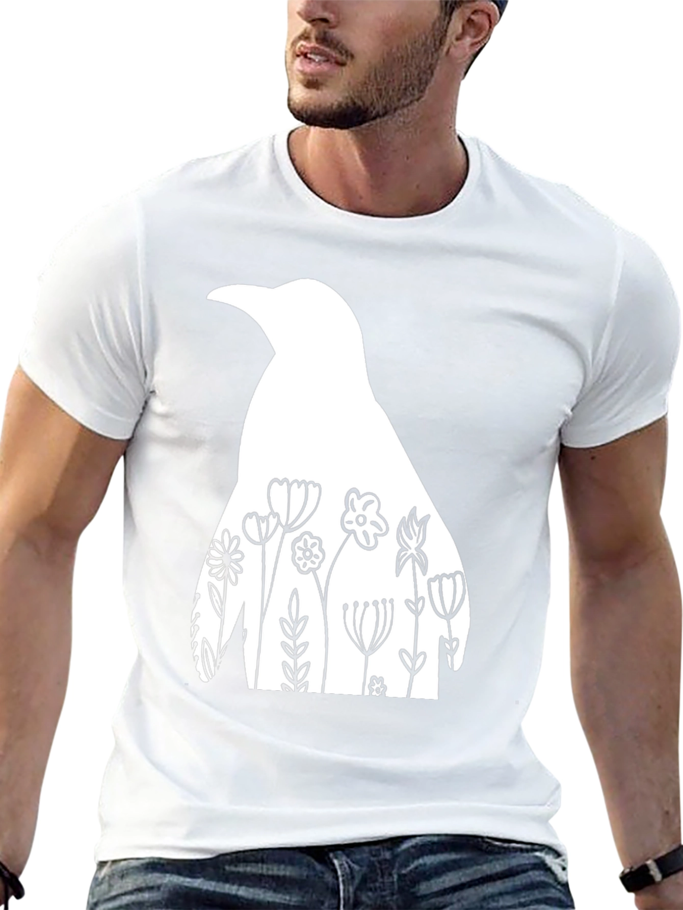 Floral Penguin Graphic Tee - Mens Black T-Shirt