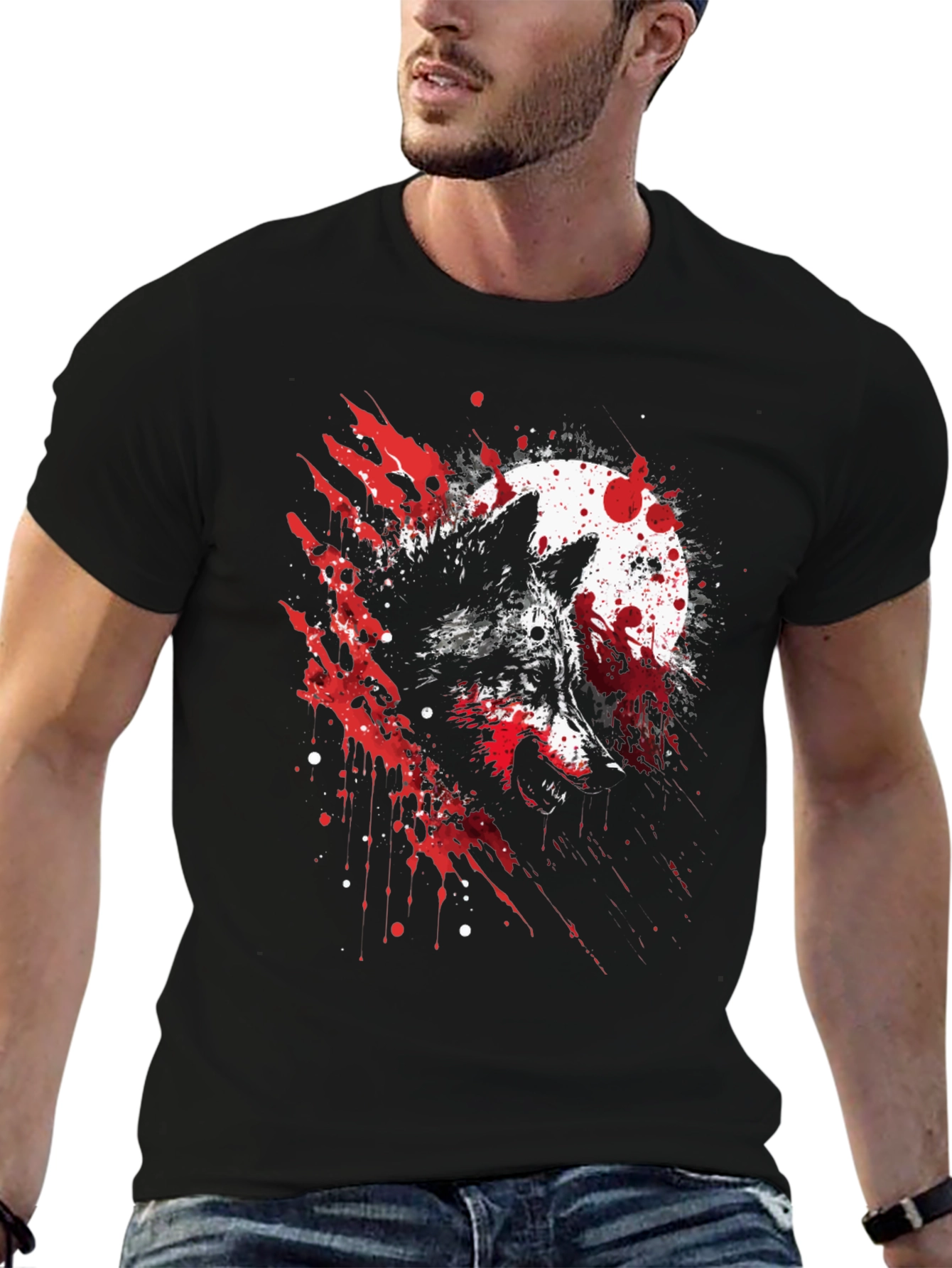 Wolf and Moon Graphic Tee - Stylish Black T-Shirt