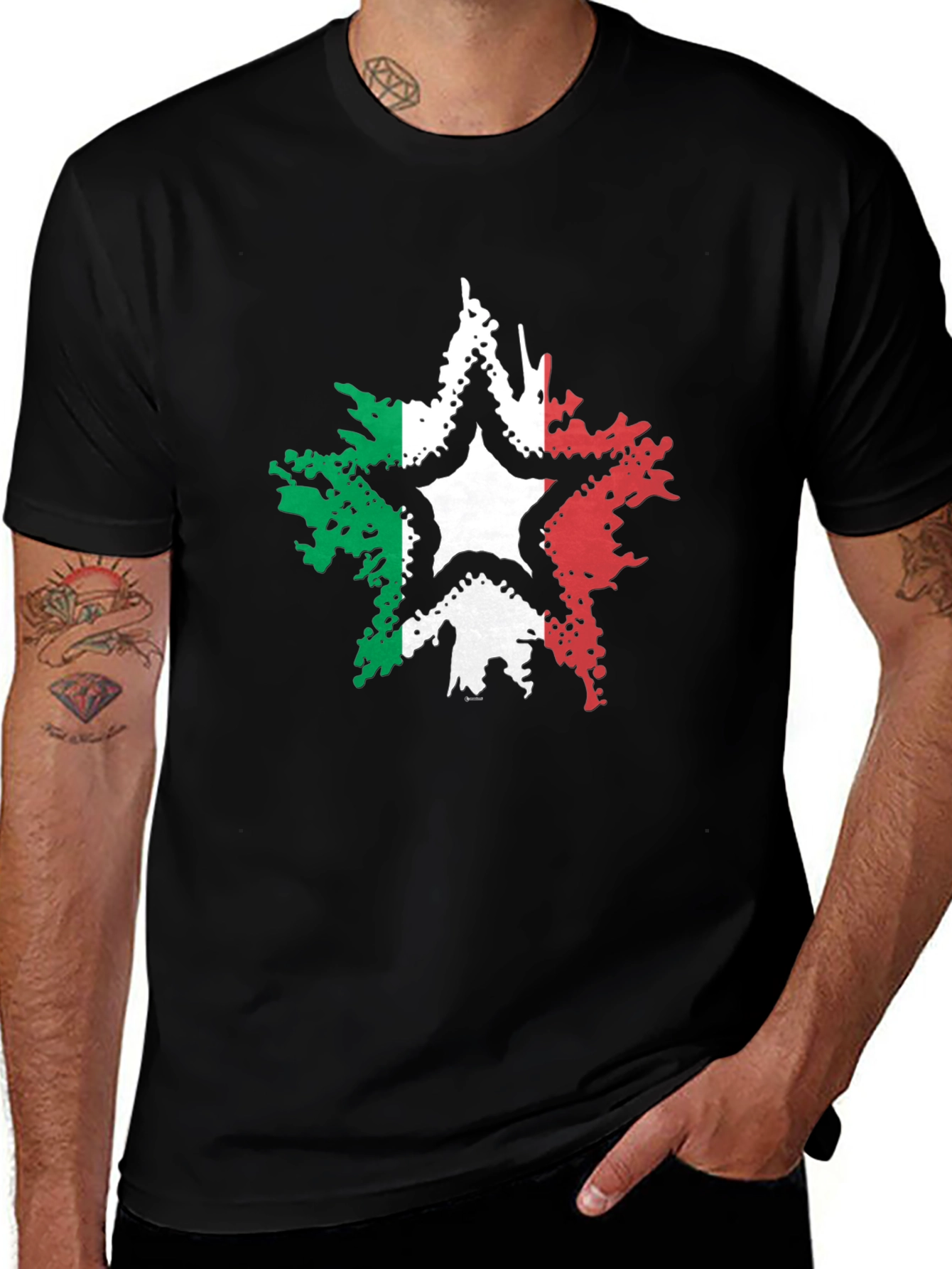Italian Flag Star Graphic Tee - Black Casual T-Shirt