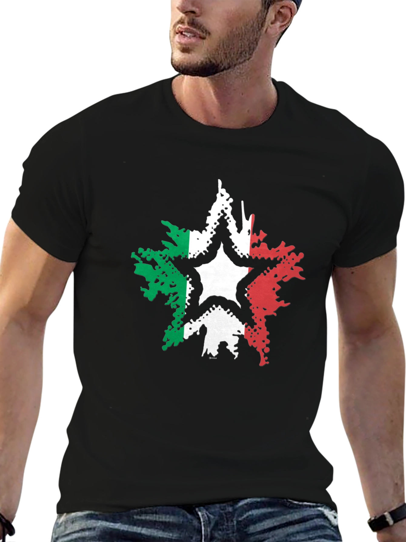 Italian Flag Star Graphic Tee - Black Casual T-Shirt