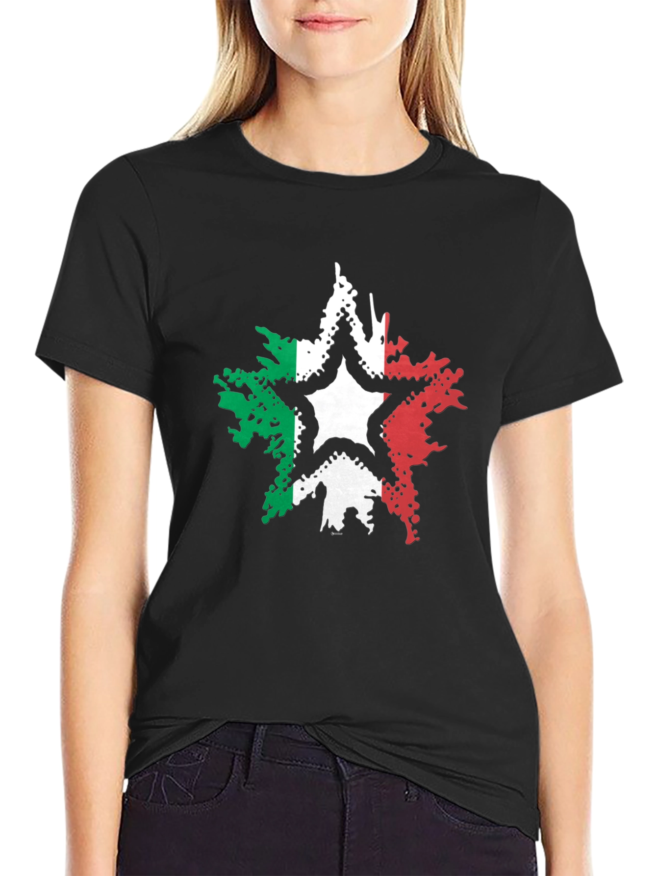 Italian Flag Star Graphic Tee - Black Casual T-Shirt