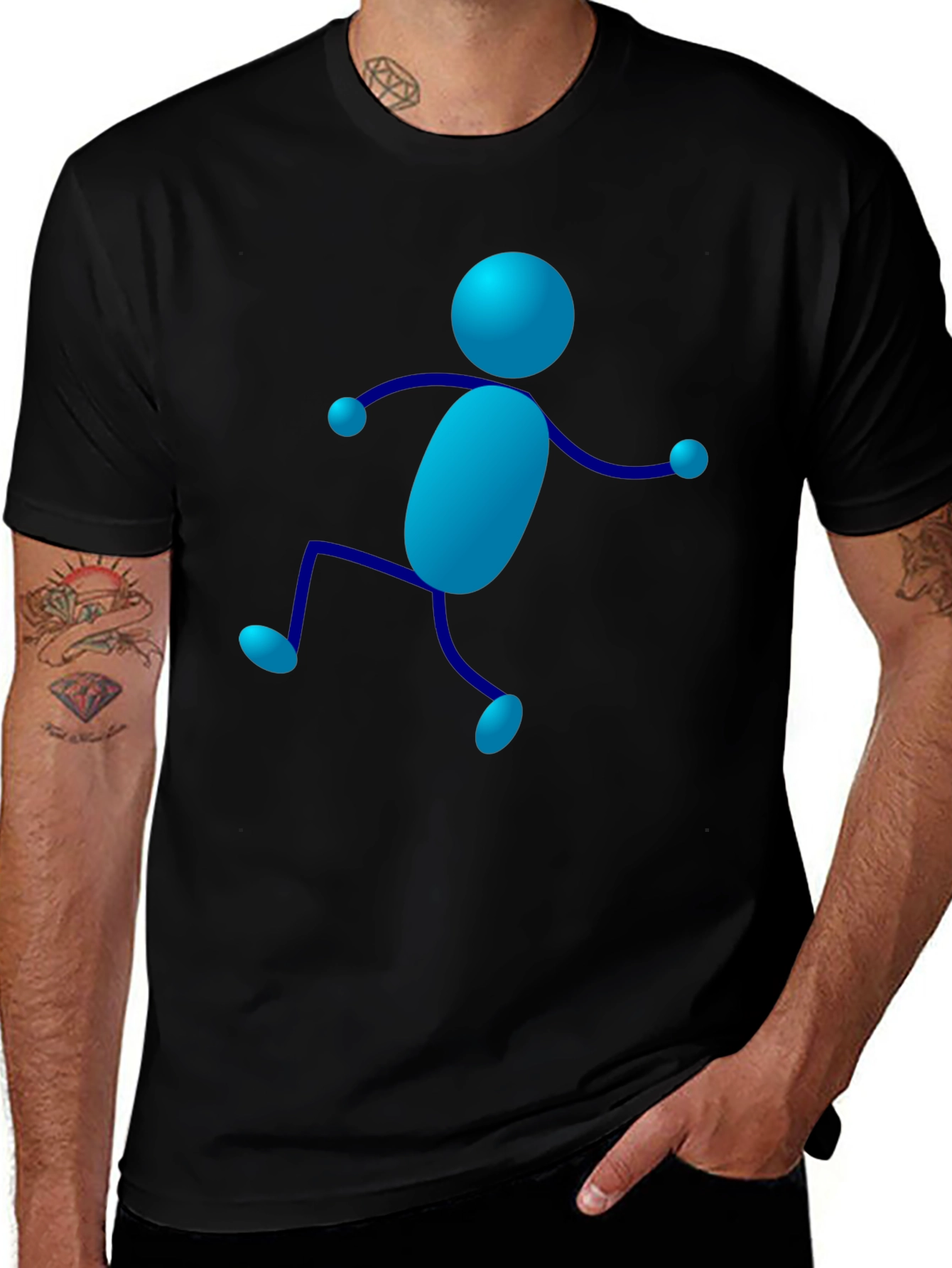 Funky Blue Stick Figure Black T-Shirt