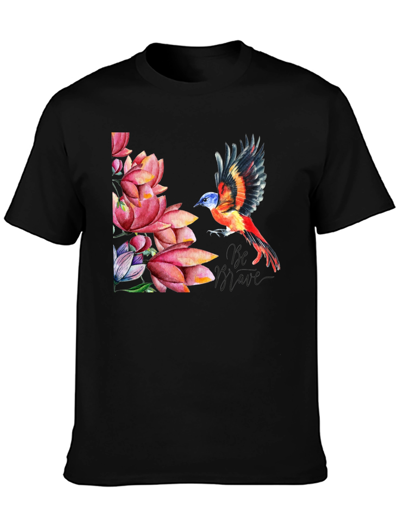 Bird & Lotus Flower Graphic Black T-Shirt