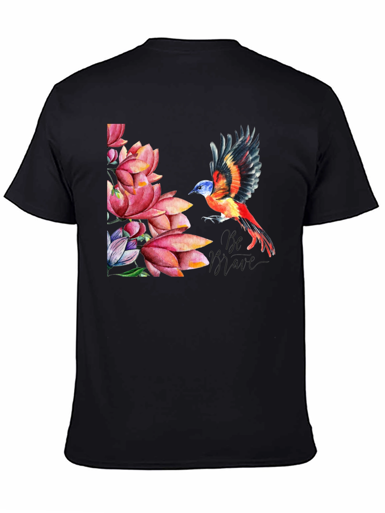 Bird & Lotus Flower Graphic Black T-Shirt