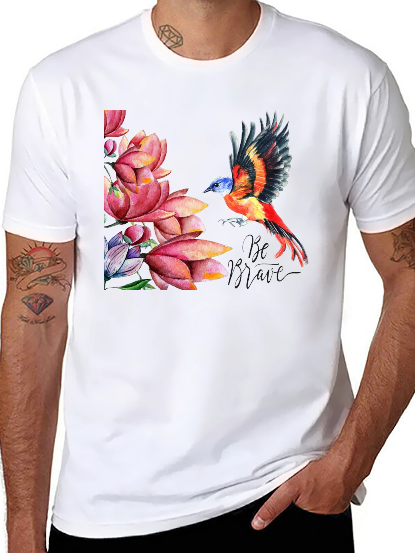 Bird & Lotus Flower Graphic Black T-Shirt