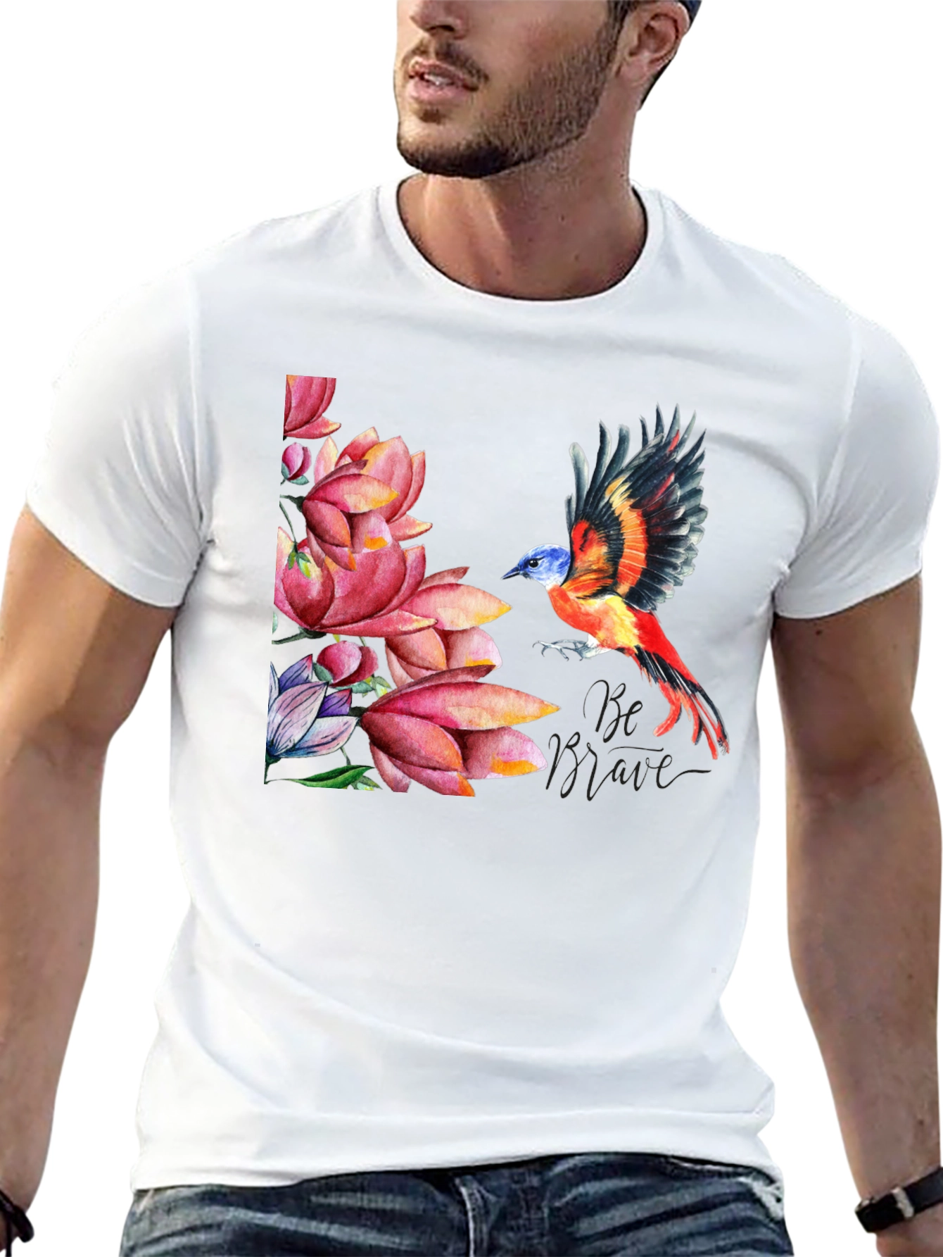 Bird & Lotus Flower Graphic Black T-Shirt