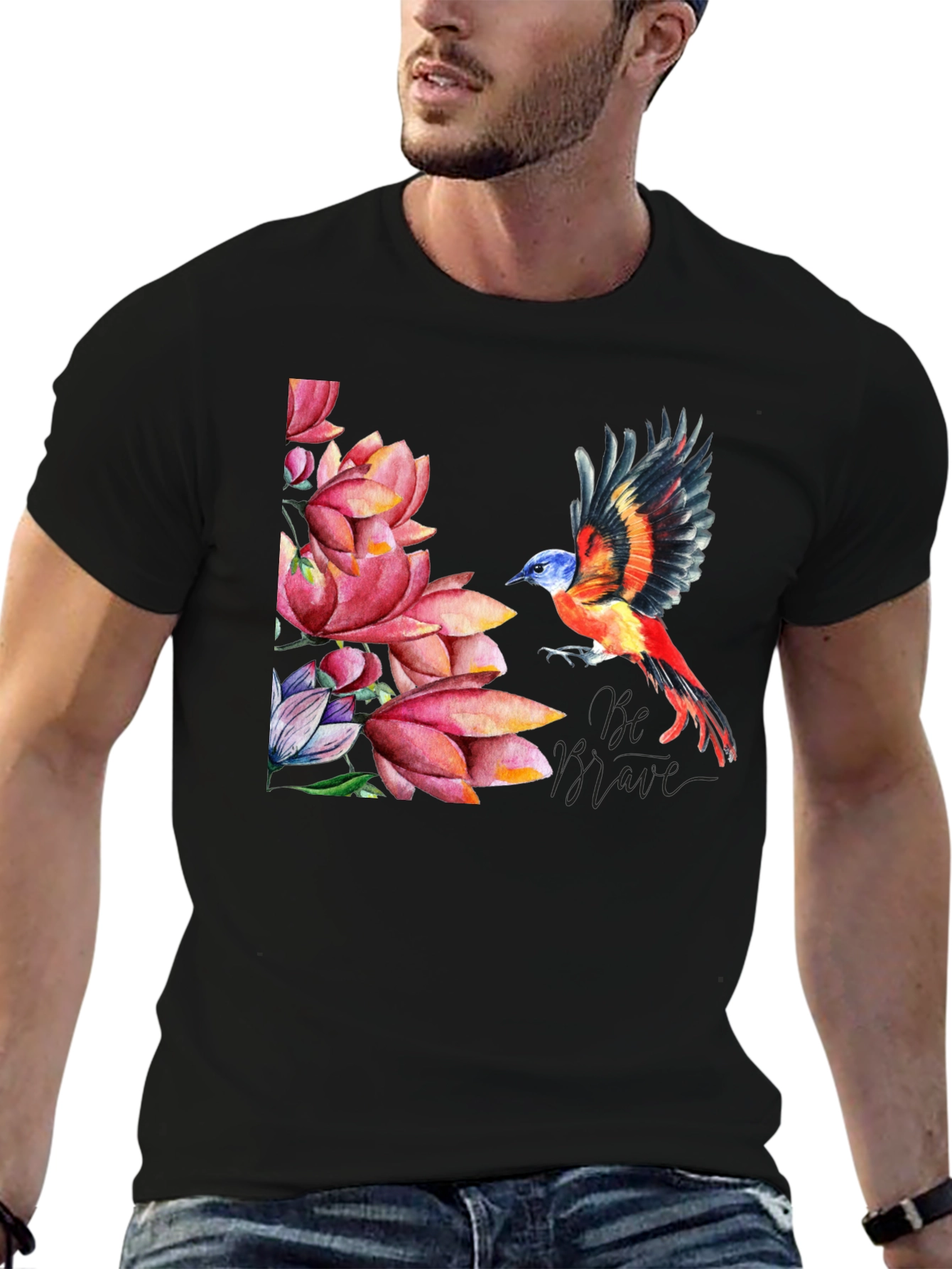 Bird & Lotus Flower Graphic Black T-Shirt