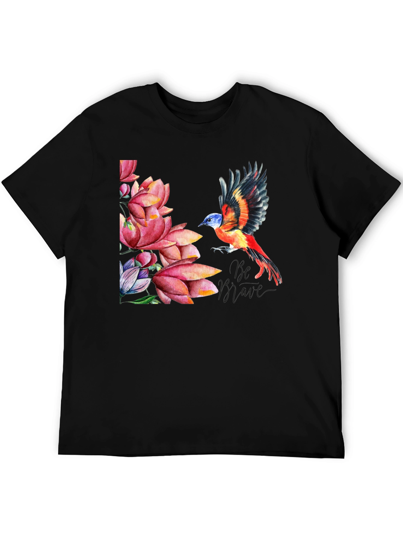 Bird & Lotus Flower Graphic Black T-Shirt