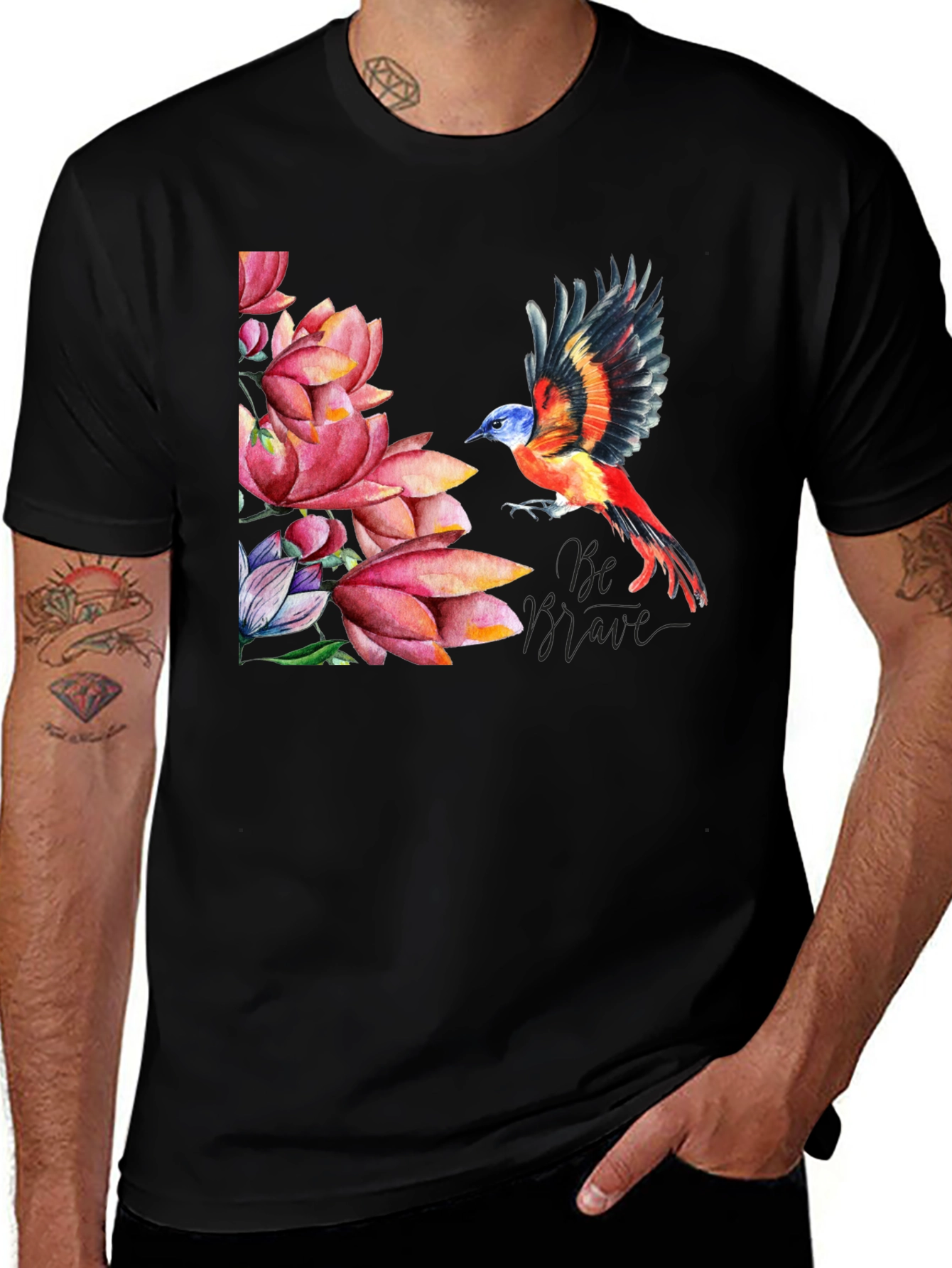 Bird & Lotus Flower Graphic Black T-Shirt