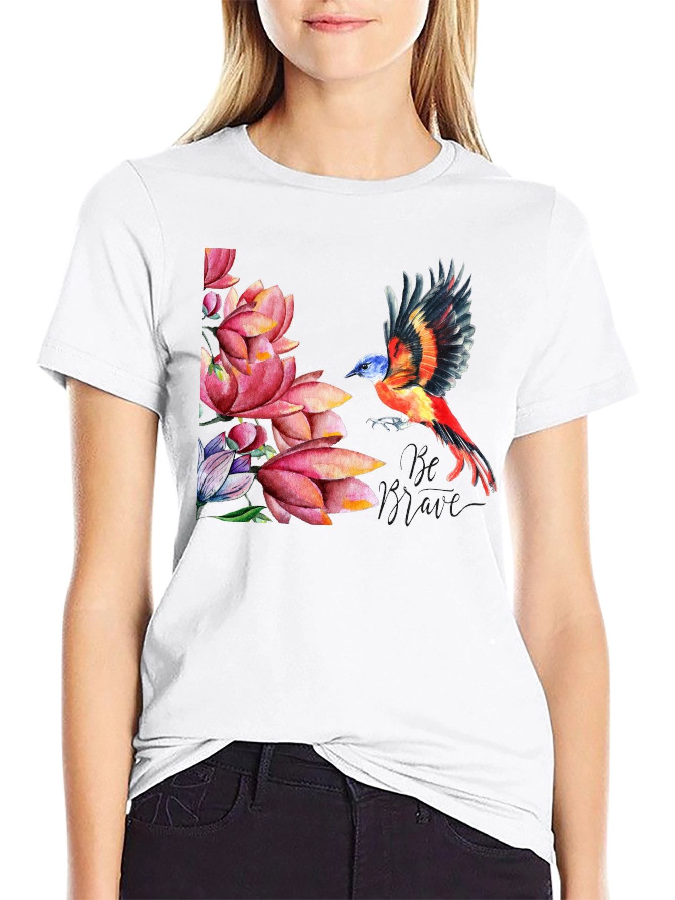 Bird & Lotus Flower Graphic Black T-Shirt