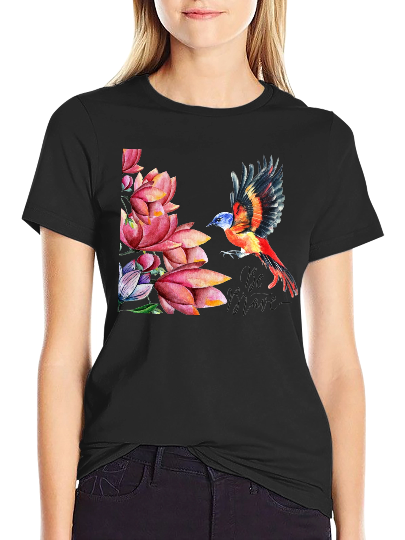 Bird & Lotus Flower Graphic Black T-Shirt