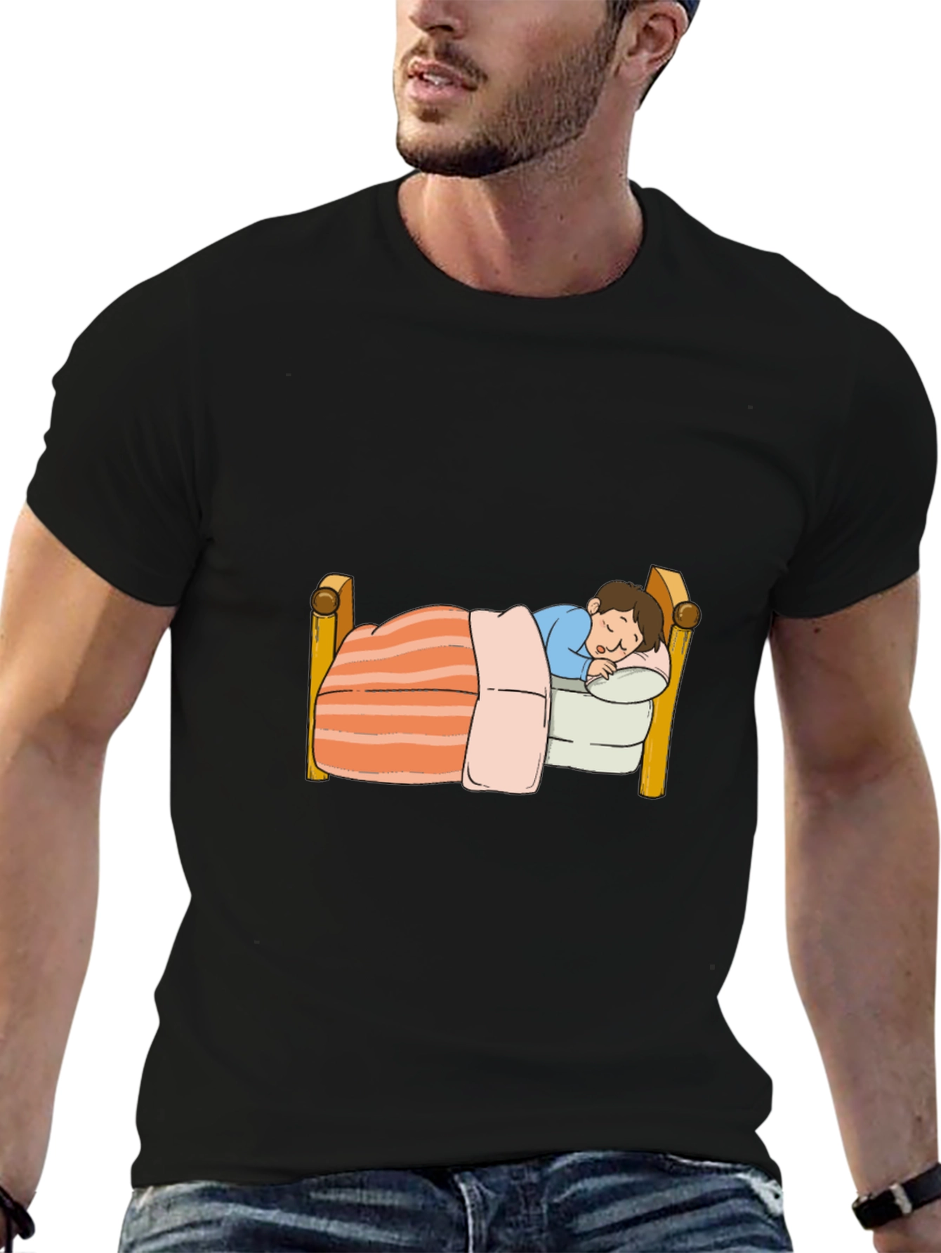 Sleepy Cartoon Character Graphic Black T-Shirt