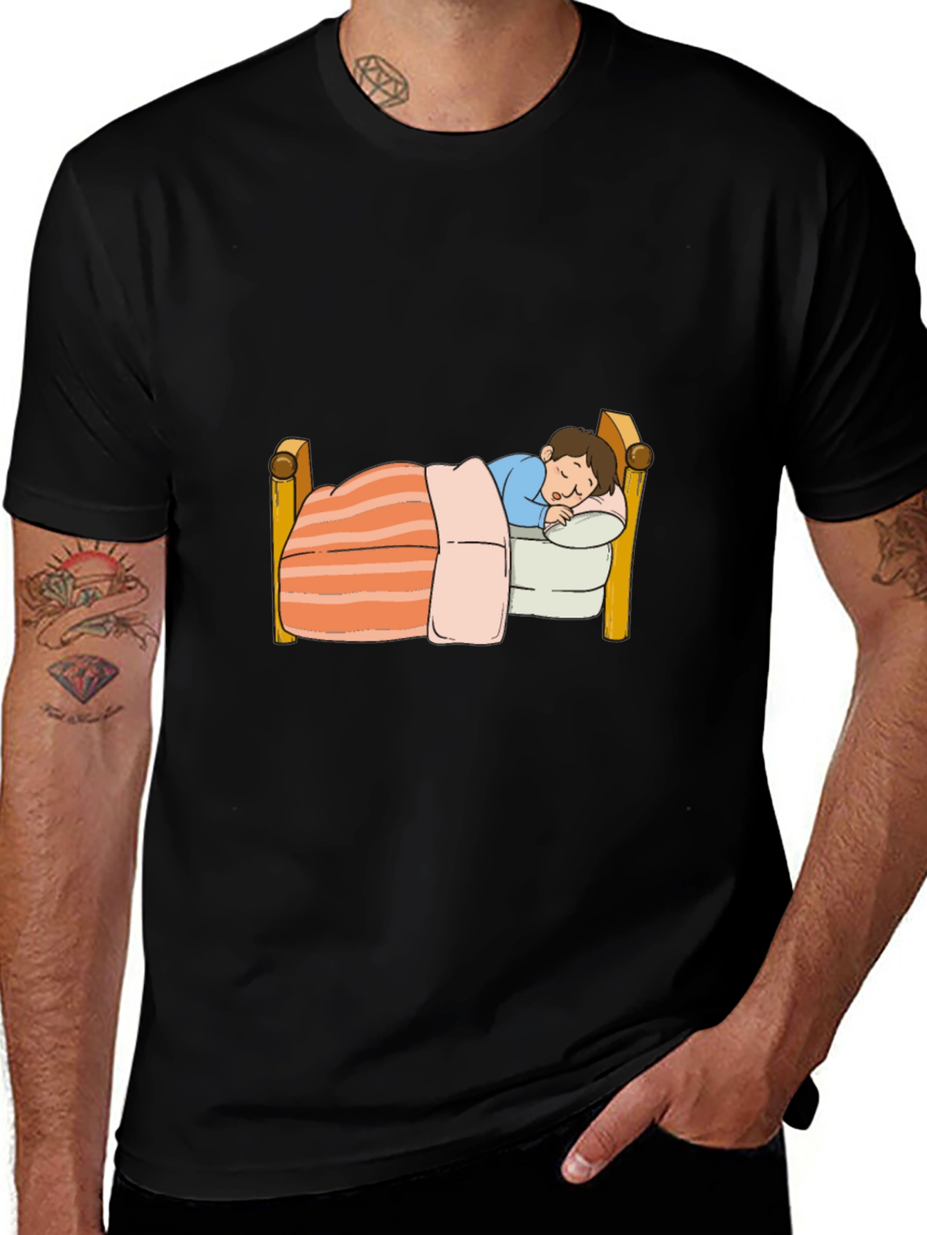 Sleepy Cartoon Character Graphic Black T-Shirt
