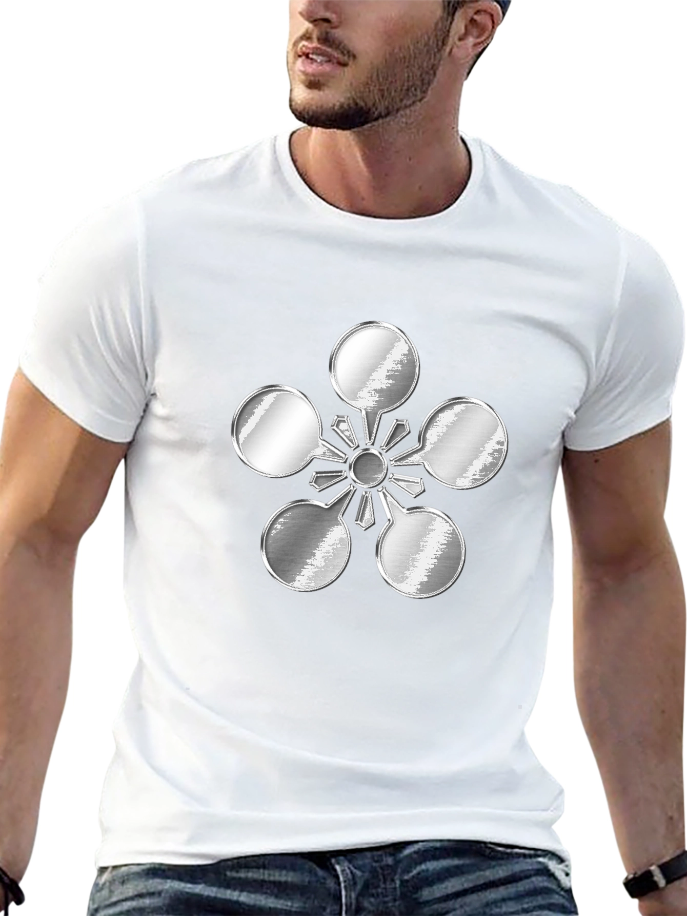 Abstract Metal Flower Design Black T-Shirt