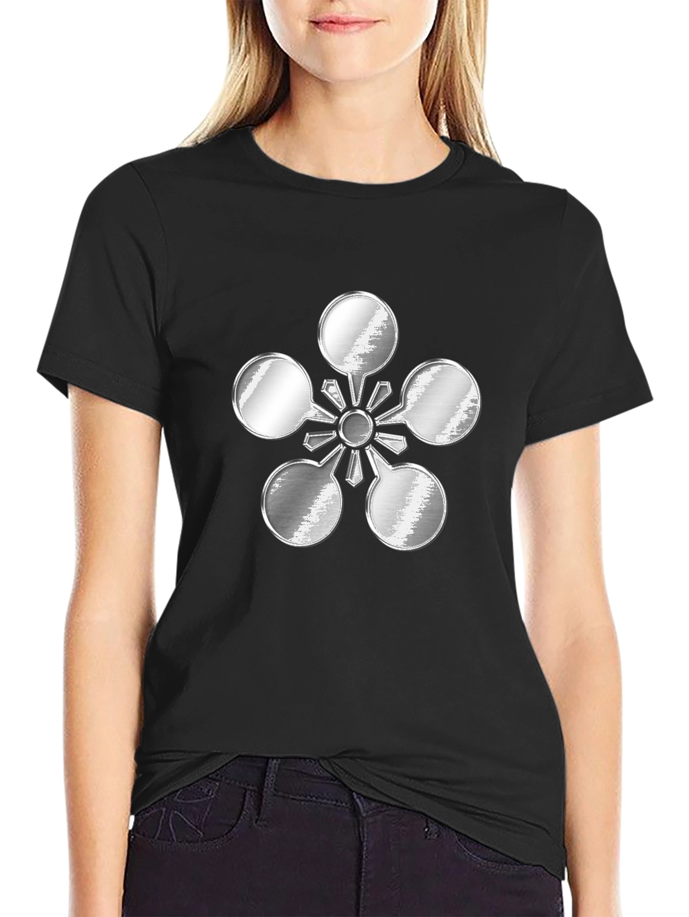 Abstract Metal Flower Design Black T-Shirt