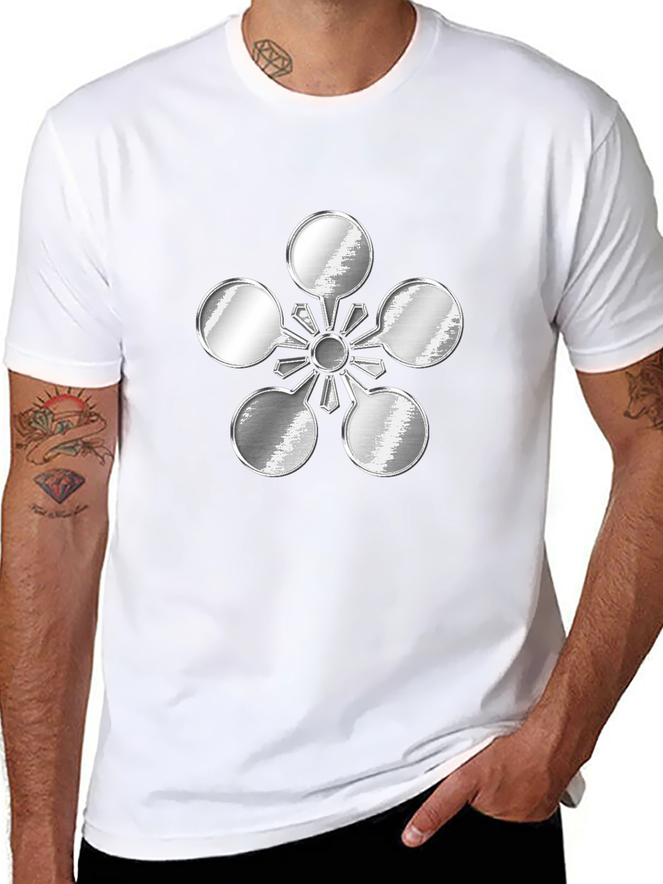 Abstract Metal Flower Design Black T-Shirt