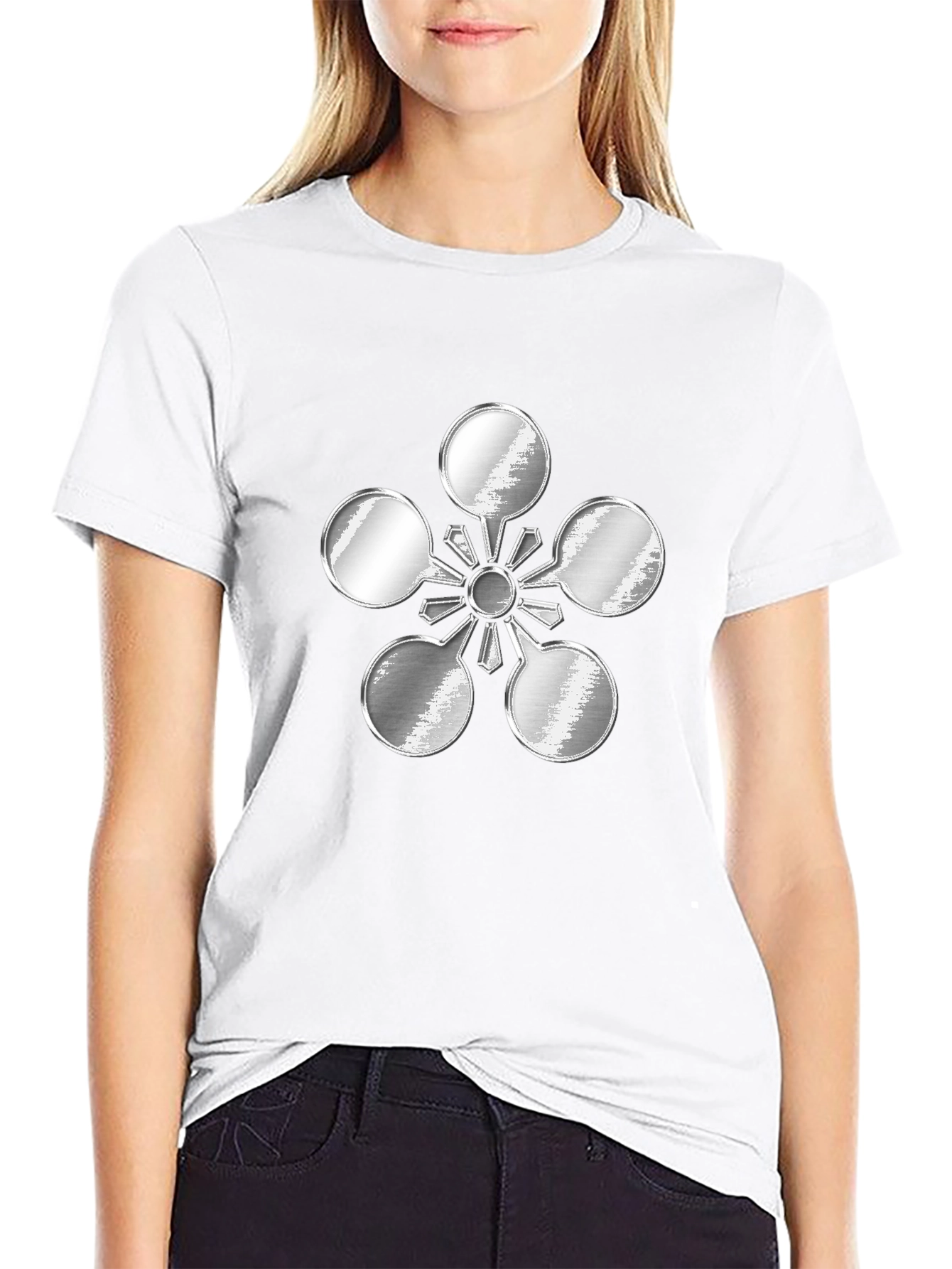 Abstract Metal Flower Design Black T-Shirt