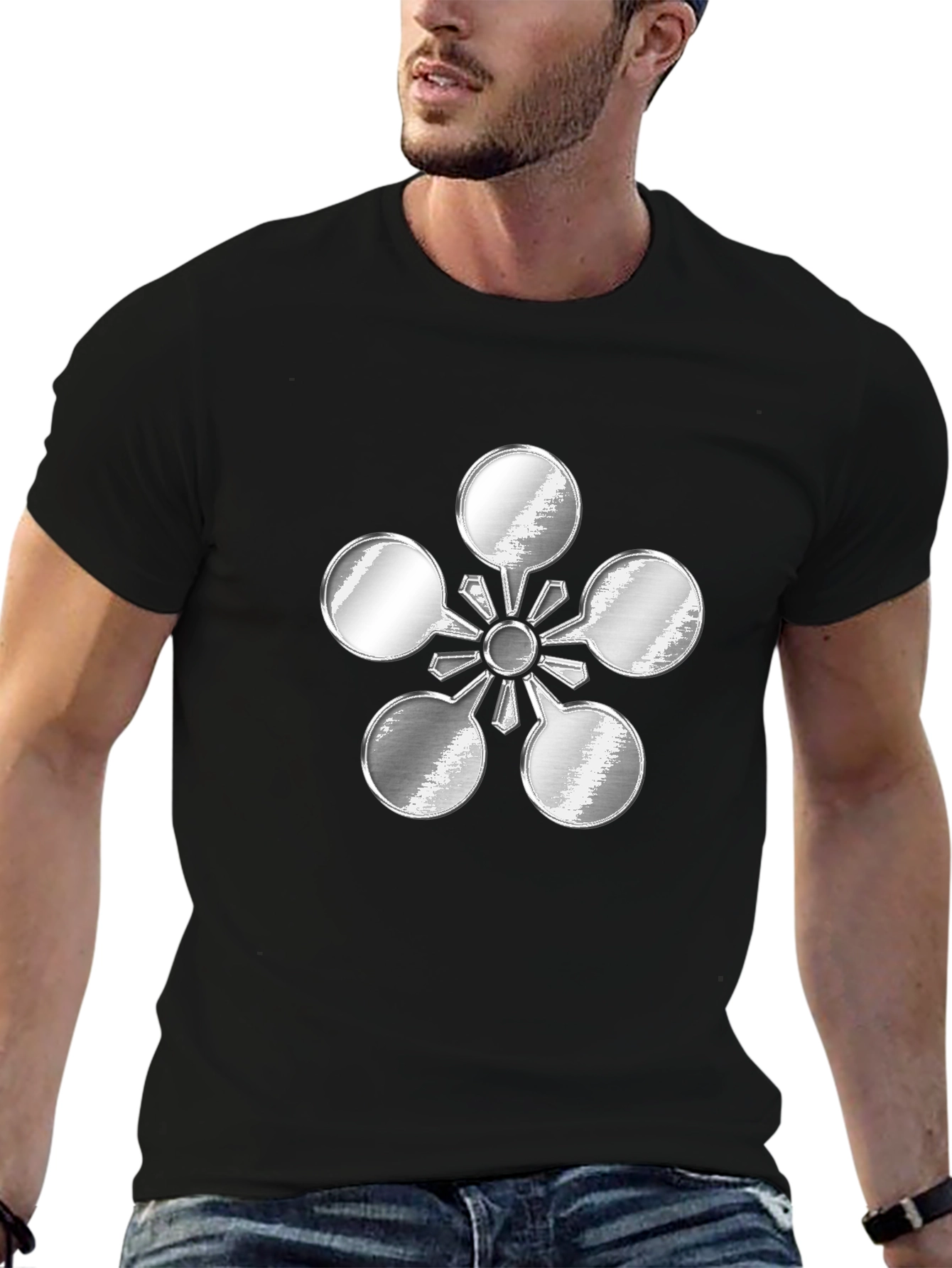 Abstract Metal Flower Design Black T-Shirt