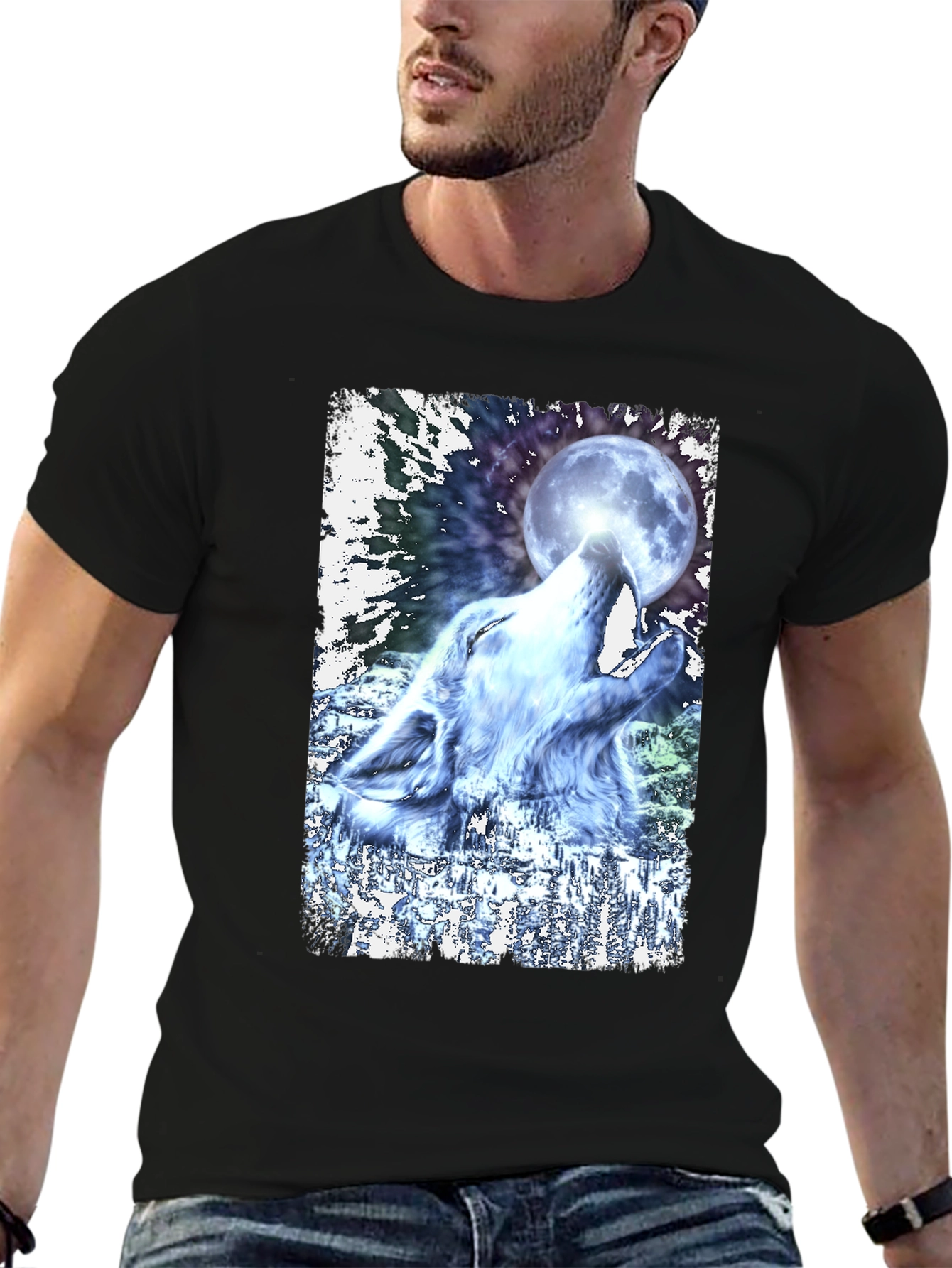 Wolf Howling at Moon Graphic Black T-Shirt