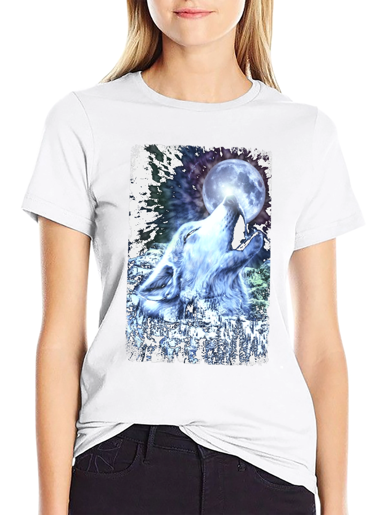 Wolf Howling at Moon Graphic Black T-Shirt