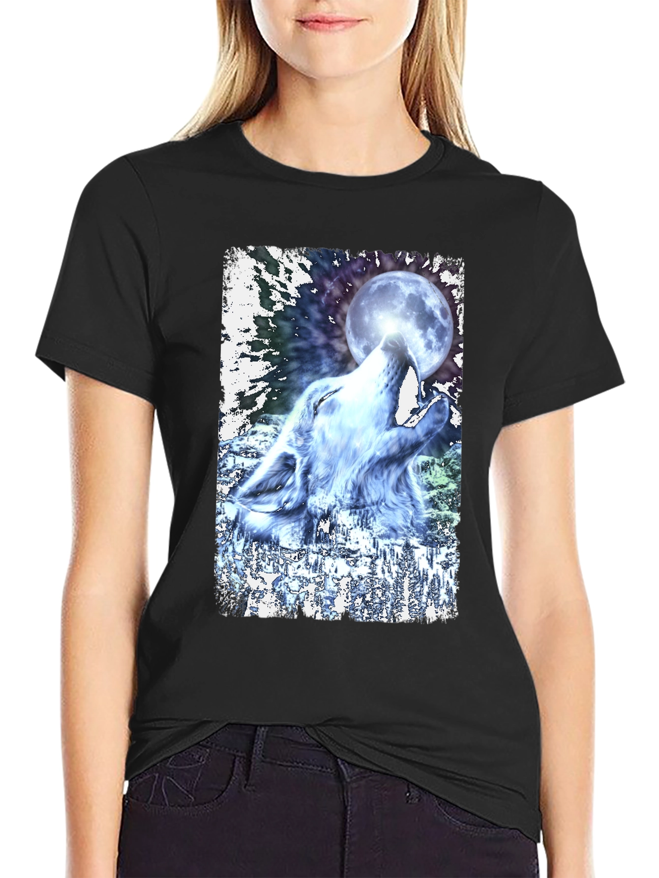 Wolf Howling at Moon Graphic Black T-Shirt