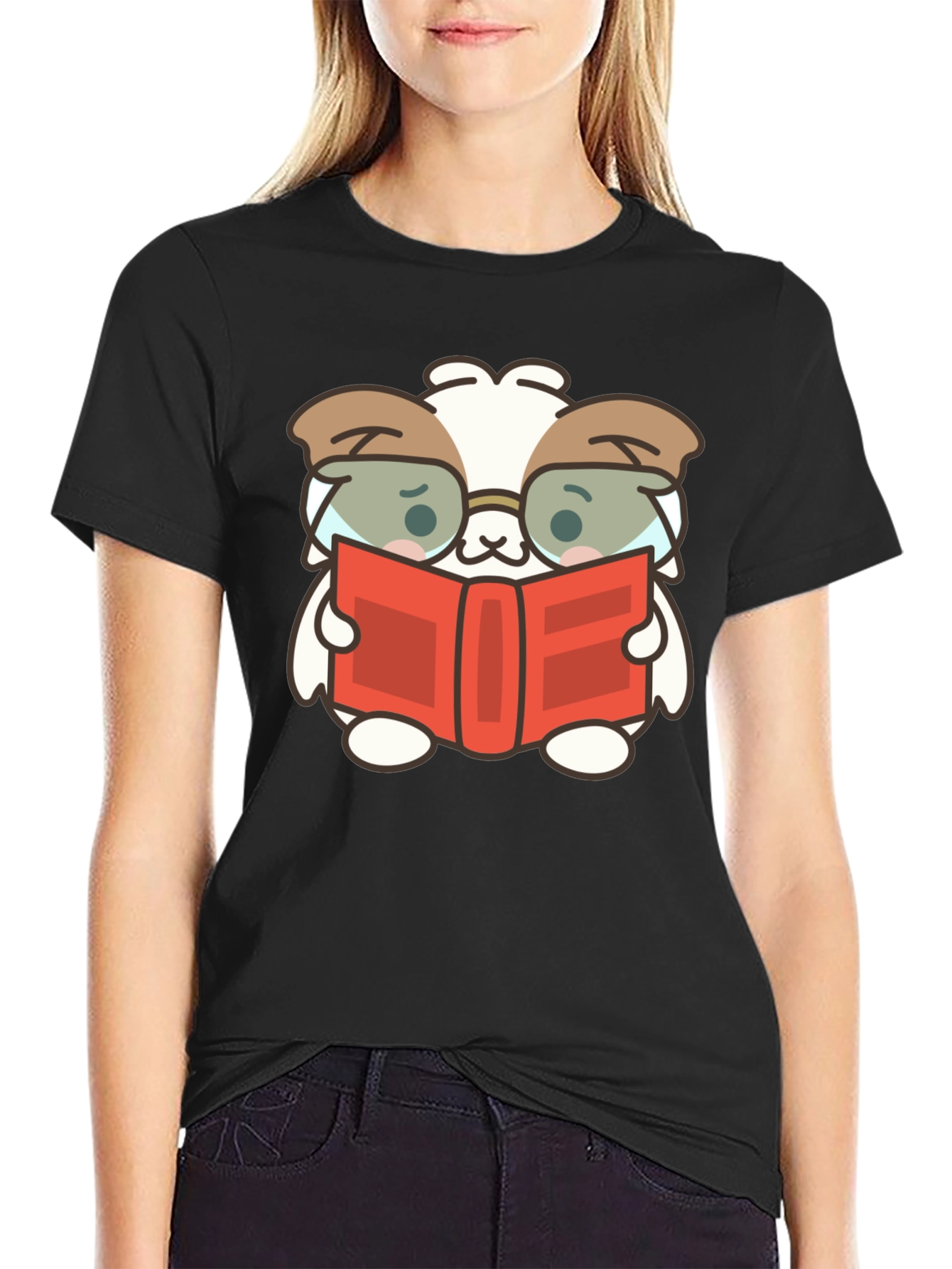 Cute Book Reading Dog T-Shirt - Black
