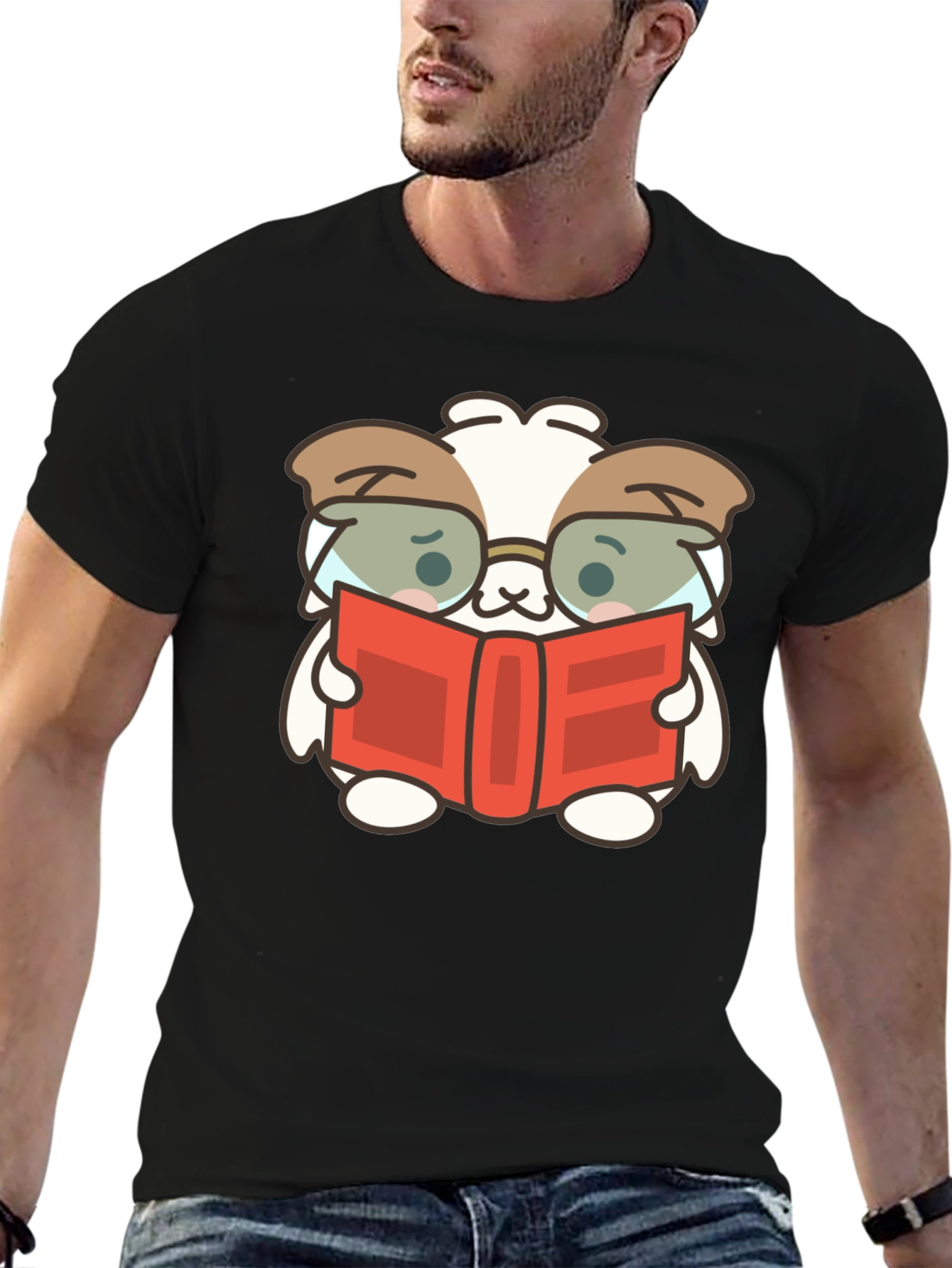 Cute Book Reading Dog T-Shirt - Black