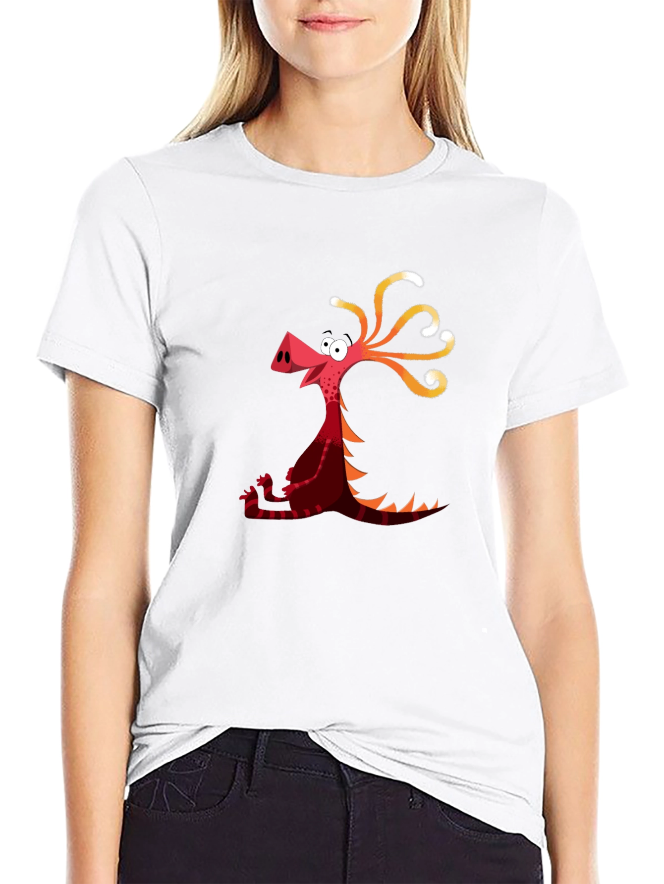 Cartoon Dragon Graphic Tee - Black Casual T-Shirt
