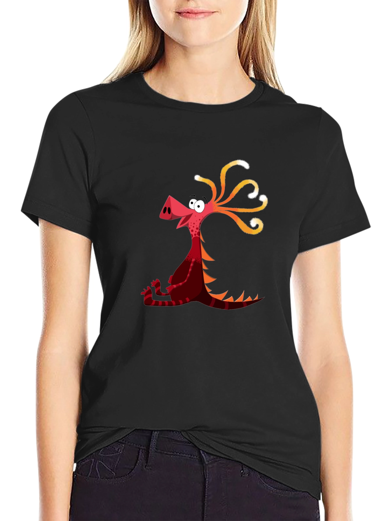 Cartoon Dragon Graphic Tee - Black Casual T-Shirt