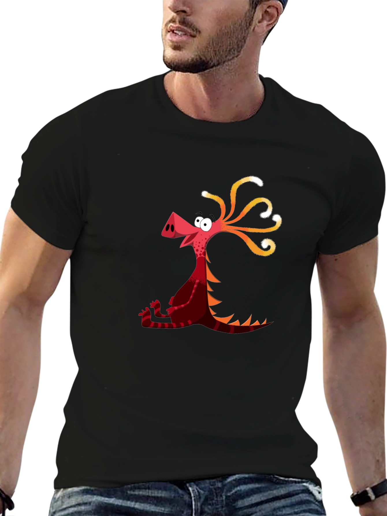 Cartoon Dragon Graphic Tee - Black Casual T-Shirt