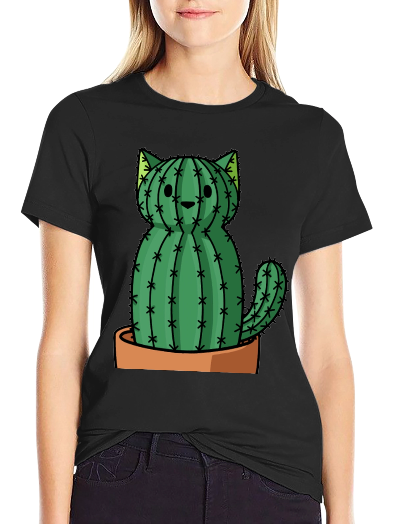 Cactus Cat Graphic Tee - Trendy Plant Lover Shirt